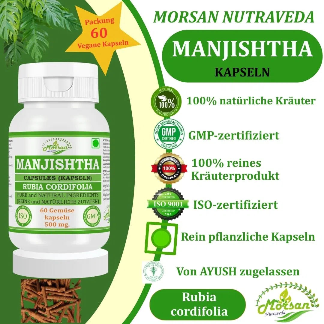 Manjishtha-Kapsel 500 mg. 60 Veganer. Einheiten | Manjith (Rubia Cordifolia) Extrakt-Kapseln für Männer und Frauen | Ayurvedische Kräuterergänzung/Heilmittel | 10:1 Stärke (1 Flasche mit 60 Kapseln)