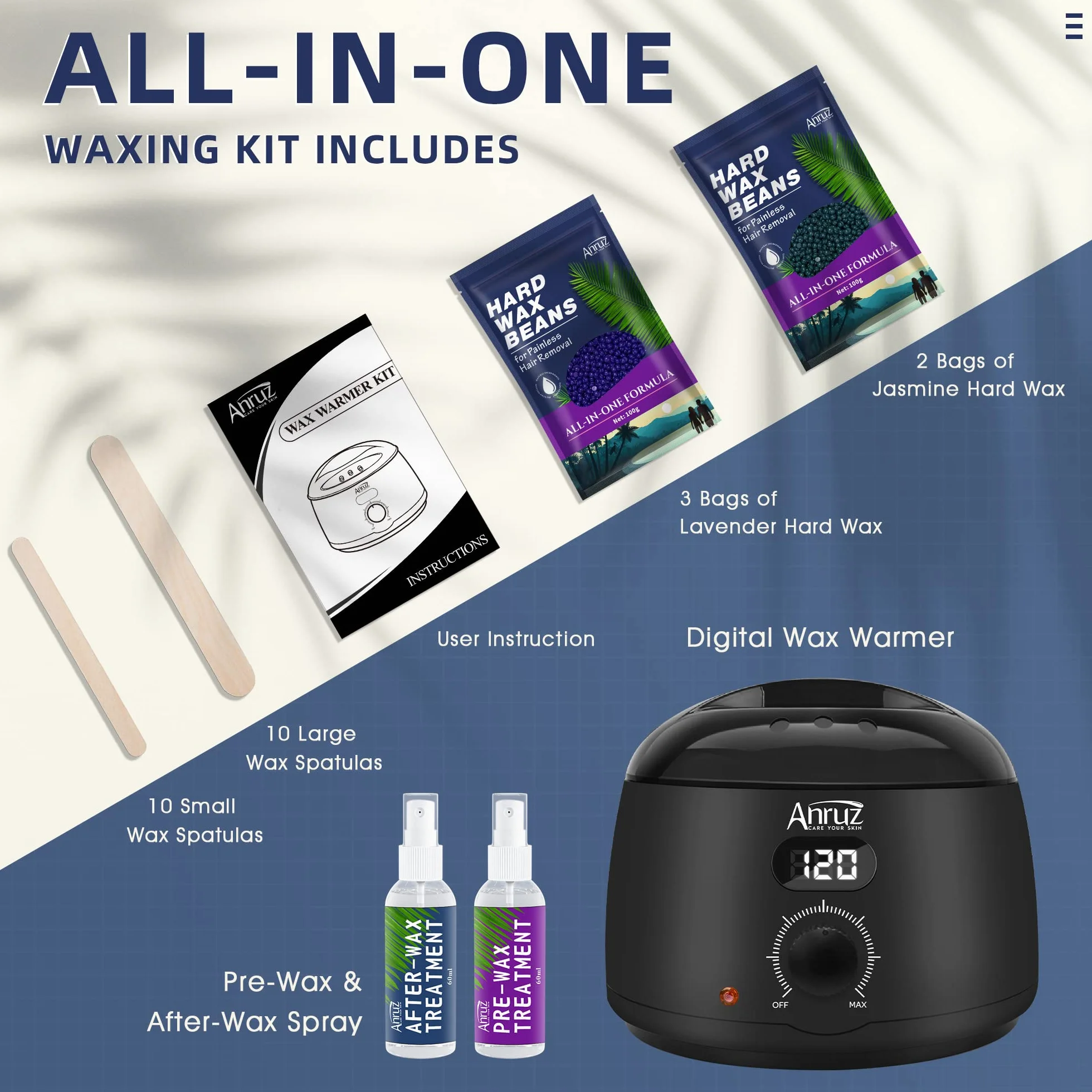 ANRUZ Waxing Set- Digital Wachswärmer Wachs Haarentfernung mit 500g Wachsperlen, ein Vor und Nachbehandlungslosion und 20 WaHausechsstäbchen- Wax Maschine für Ganzkörper zu Hause