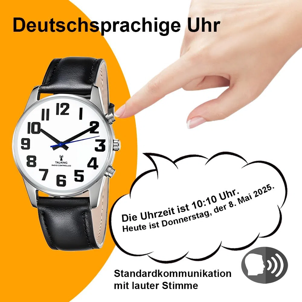 Sprechende Uhr Sehbehinderte Funkuhr I Deutsch Sprechende Herren Armbanduhr I Blindenuhr I Datum und Zeitansage I Für Blinde, Senioren und Demenzkranke