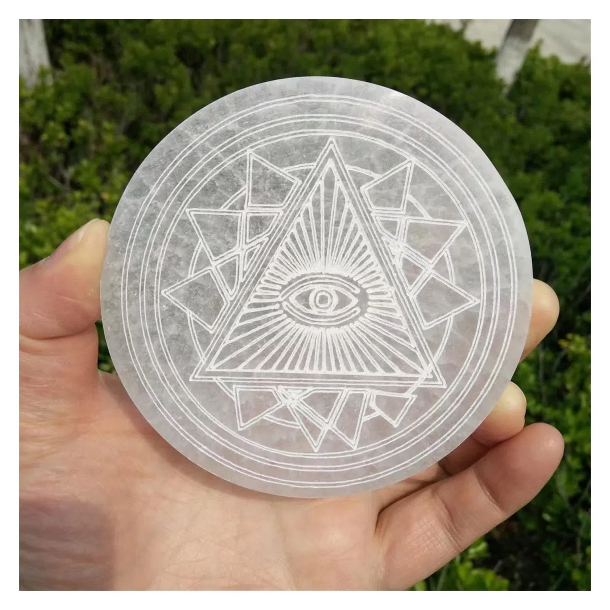 Natürliche transparente Kristalle, Selenit-Gipskarton-Untersetzer, Symbole, böse Augen, Hexendekor, Dr. Stone, Weissagung, Pendel-Ornamente Voller Textur