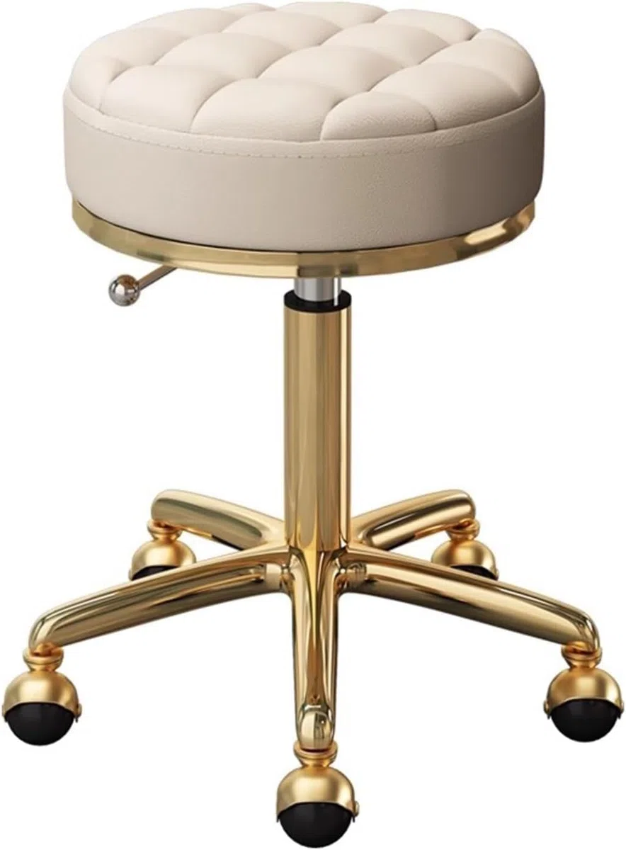 Hocker Für Das Homeoffice, Rund, Rollbar, Kosmetikhocker Auf Rollen, Verstellbarer, Drehbarer Massagestuhl Für Zeichen- Und Spa-Salon Mit Sitz Aus PU-Leder Und Goldenem Edelstahlrahmen,Beige