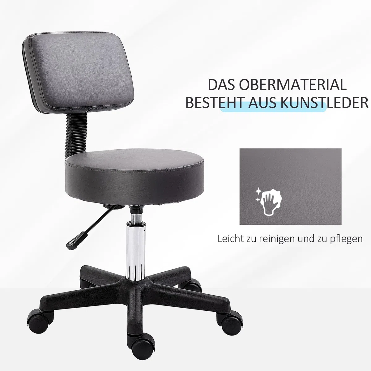 HOMCOM Rollhocker höhenverstellbar mit Rückenlehne Drehhocker 72-84 cm Arbeitshocker 360° drehbar Bürohocker für Büro Salon Massage Spa Grau