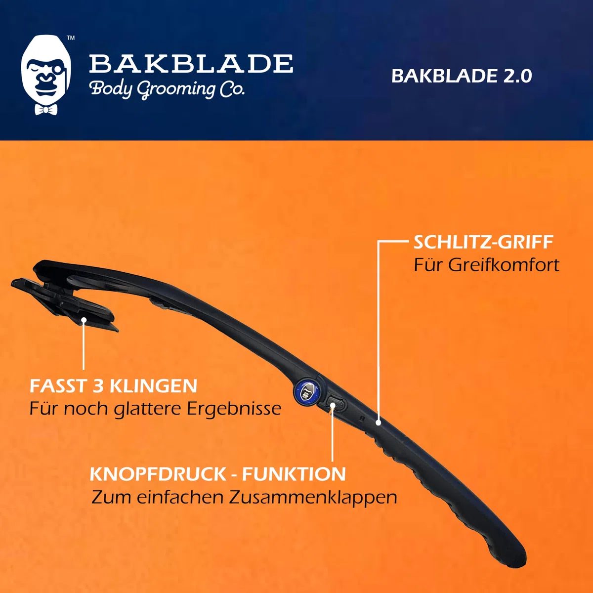 BaKblade 2.0 Back Shaver, Rückenrasierer und Körperrasierer für Männer Idealer Herren-Rasierer für einen Glatten Rücken Inkl. 2 Rasierklingen