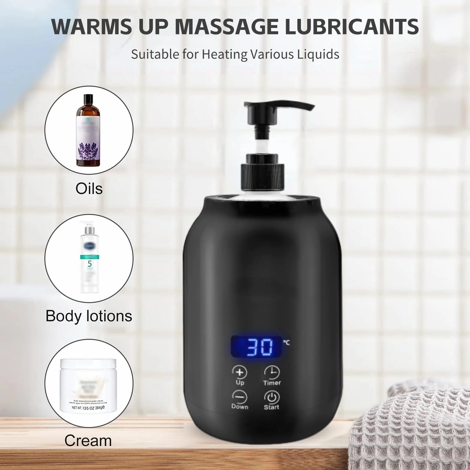 Massageölwärmer, Einzelflaschen-Ölwärmer mit LED-Anzeige, Temperaturverstellbarer Tragbarer Lotionsflaschenwärmerspender, Gleitgel-Creme-Heizflasche für den Spa-Salon (EU-Stecker