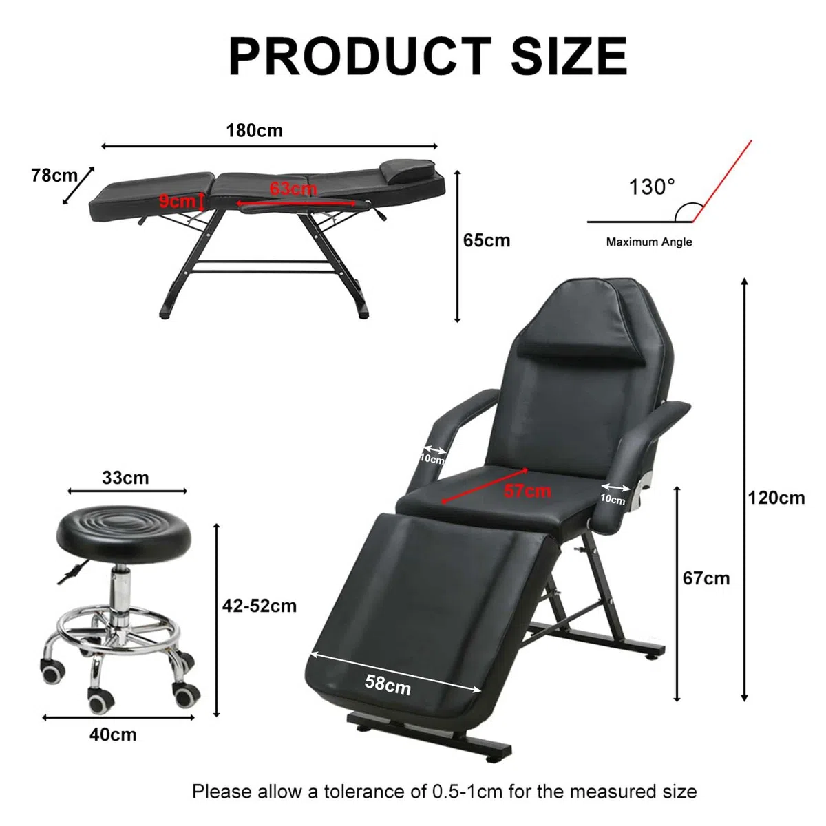 KEEPREAPER Massageliege Kosmetikliege klappbar & höhenverstellbar 3 Zonen mit Kosmetikhocker 78cm Breit Massagebett aus PU-Leder belastbar bis 270kg, Schwarz