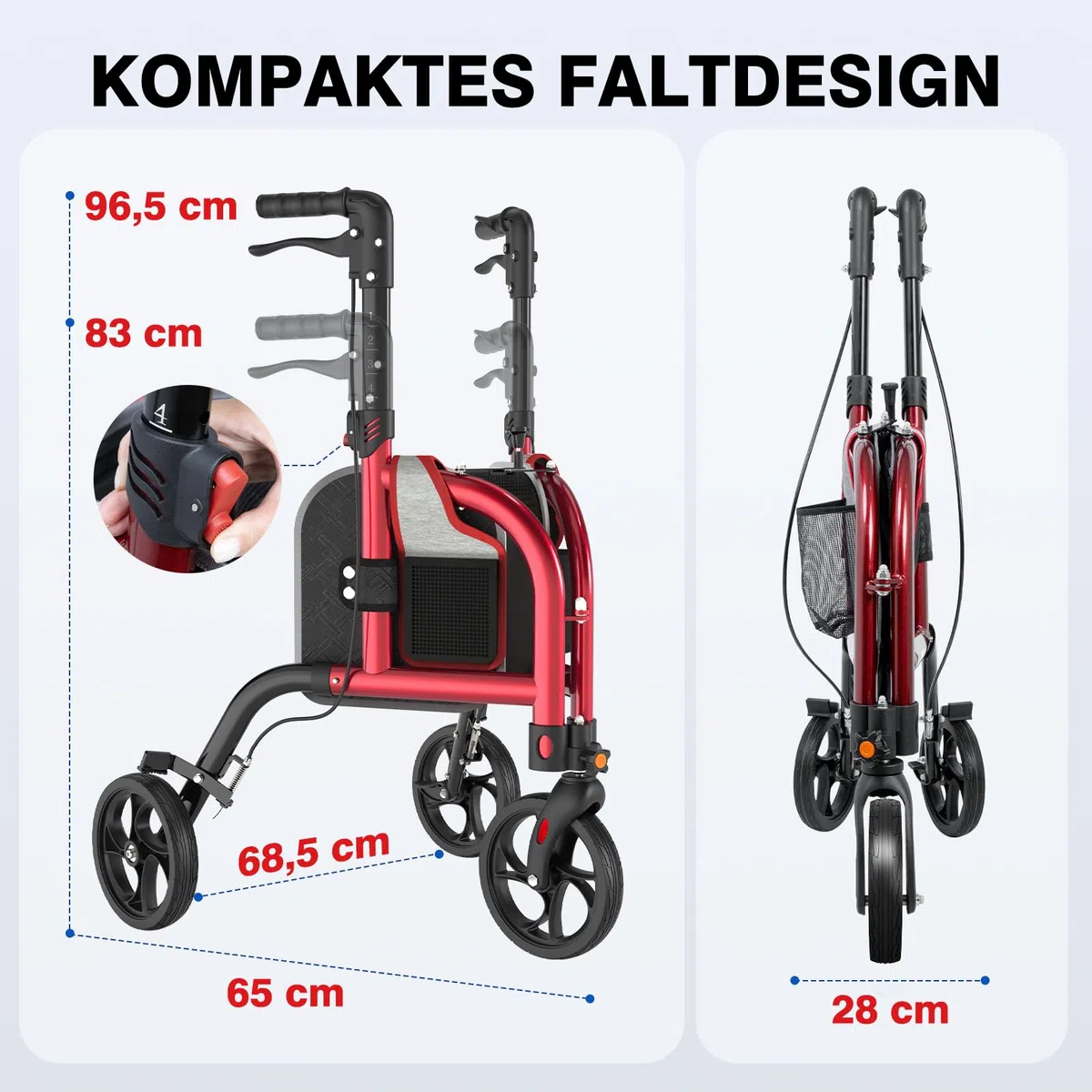 3 Rädern Leichter Schmal Rollatoren für Senioren, Tragkraft 158kg | Schmaler, zusammenklappbarer Rollator mit Rädern, höhenverstellbarer Rollator für ältere Menschen, Aluminiumlegierung