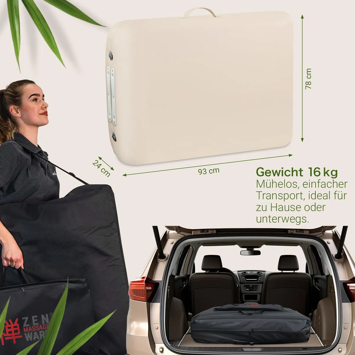 Zen – Mobile Round Corner Massageliege klappbar & höhenverstellbar – Vollholz Massagetisch mit abgerundeten Ecken für aktive Massagestile – Massagebank mit Kopfteil, Armlehnen & Tasche (Creme)
