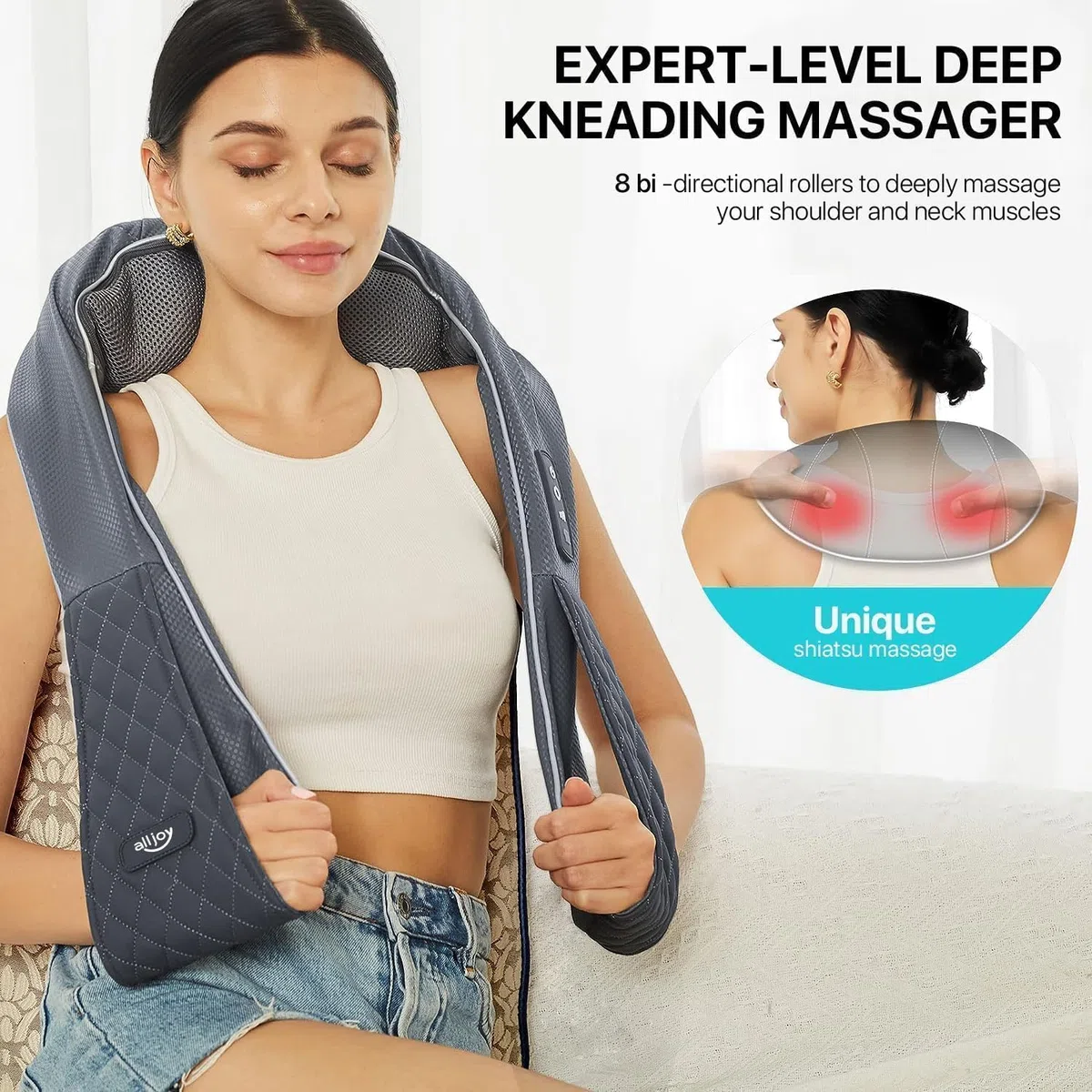 ALLJOY Nackenmassagegerät mit Wärme, 2200mAh Akku Kabellos, Massagegerät für Nacken Schulter Rücken, Shiatsu Massage mit 20 Min. Auto-Off & Tasche
