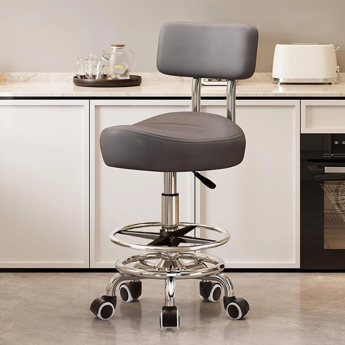 Drehhocker Mit Rückenlehne Rollhocker Höhenverstellbar Werkstatthocker Mit Rollen Ergonomischer Verdickter PU-Leder-Drehsattelstuhl Für Salon Spa Massage Klinik(Gray)