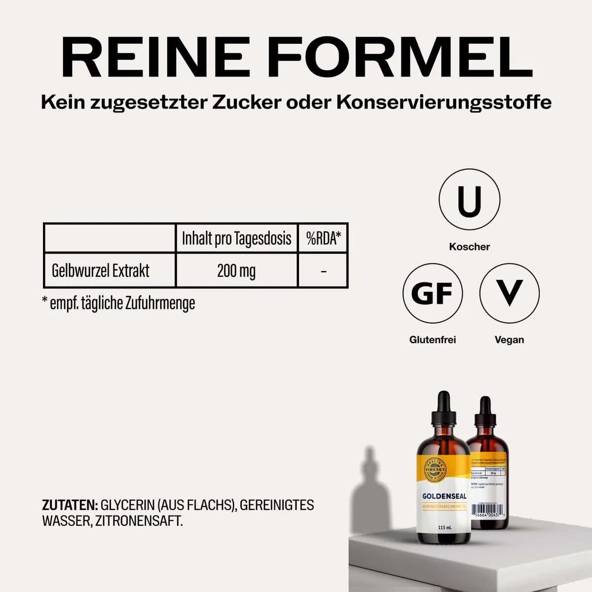 Vimergy Goldenseal, 57 Einnahmen – Goldenseal Tropfen – Vegane Goldsiegelwurzel Tinktur – Alkoholfreie Goldsiegelwurzel Rezeptur ohne Zucker, Bindemittel, Gentechnik und Gluten (115 ml)