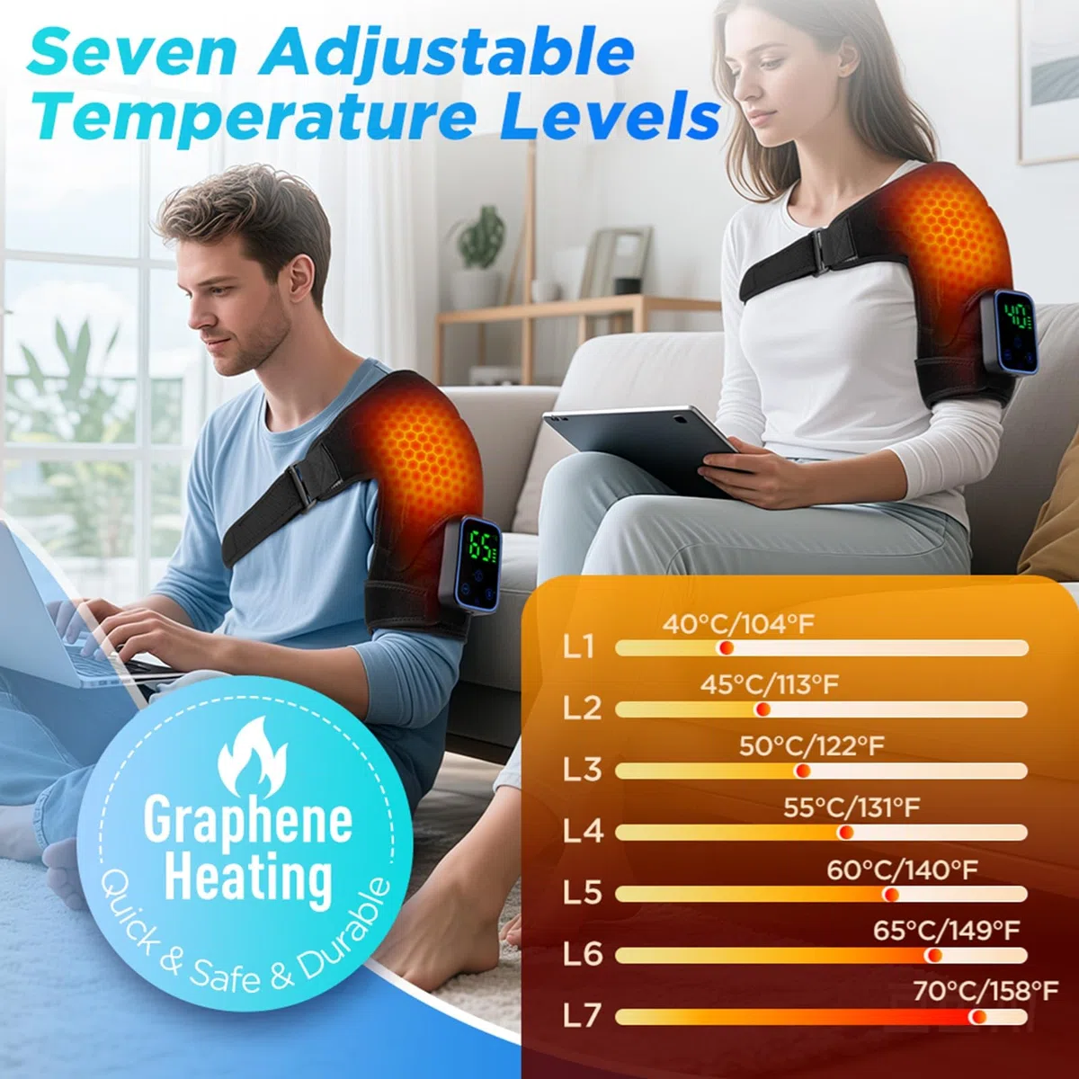 Schulter Massagegerät mit Wärme und Vibration, Triple Methode Schultermassager mit 7 Heizungsstufen und 3 Vibrationsmodi, APP & Touch Control, Beheizte Schulterbandage für Damen und Herren - 5000mAh
