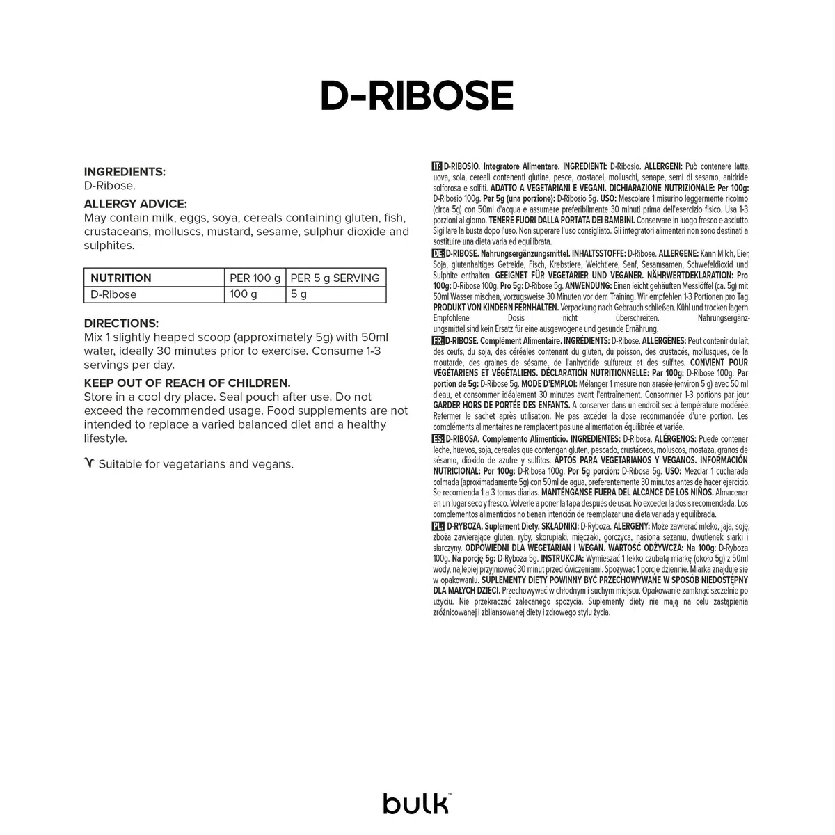 Bulk Reines D-Ribose-Pulver, 1 kg, Verpackung Kann Variieren