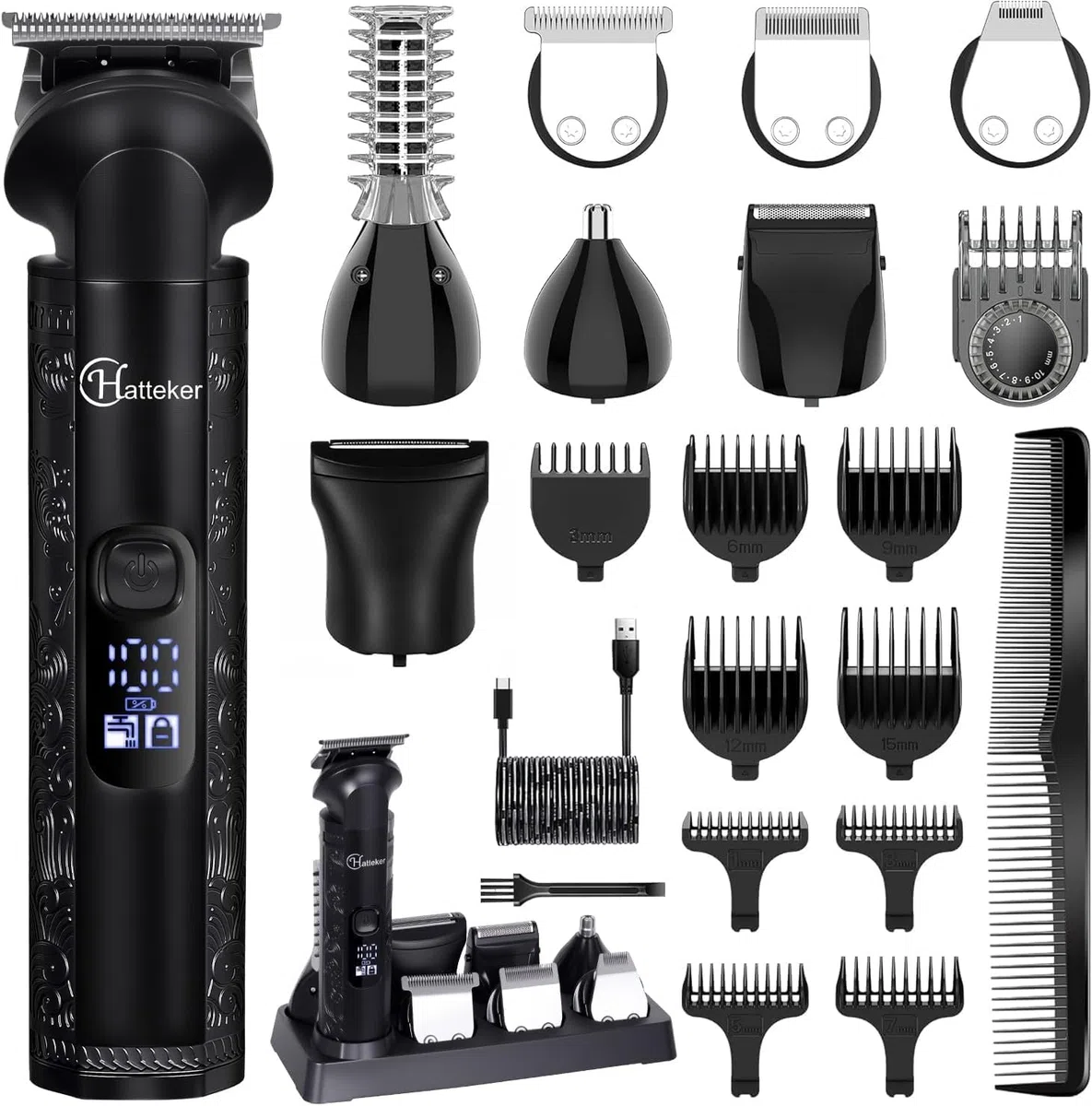 Hatteker Männerpflegeset 8-in-1, Zero-Gap-T-Klinge Trimmer, wasserdichter Trimmer, Haarschneider für Männer, Barttrimmer elektrisch, Kabelloses Männerpflegeset, Elektrischer Rasierer für Männer