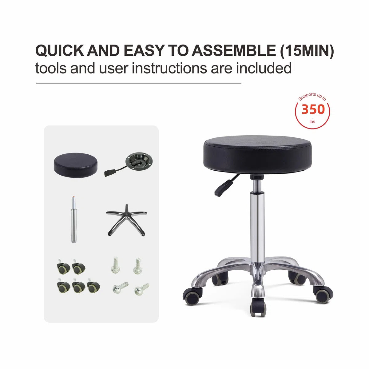 Grace&Grace Höhenverstellbar Rollhocker Drehhocker Mit Rollen Arbeitshocker Massagehocker Medizinischer Stuhl Drehstuhl Bürohocker Sitzhocker Kücheocker (No Backrest with Casters-Classic Flat, Black)
