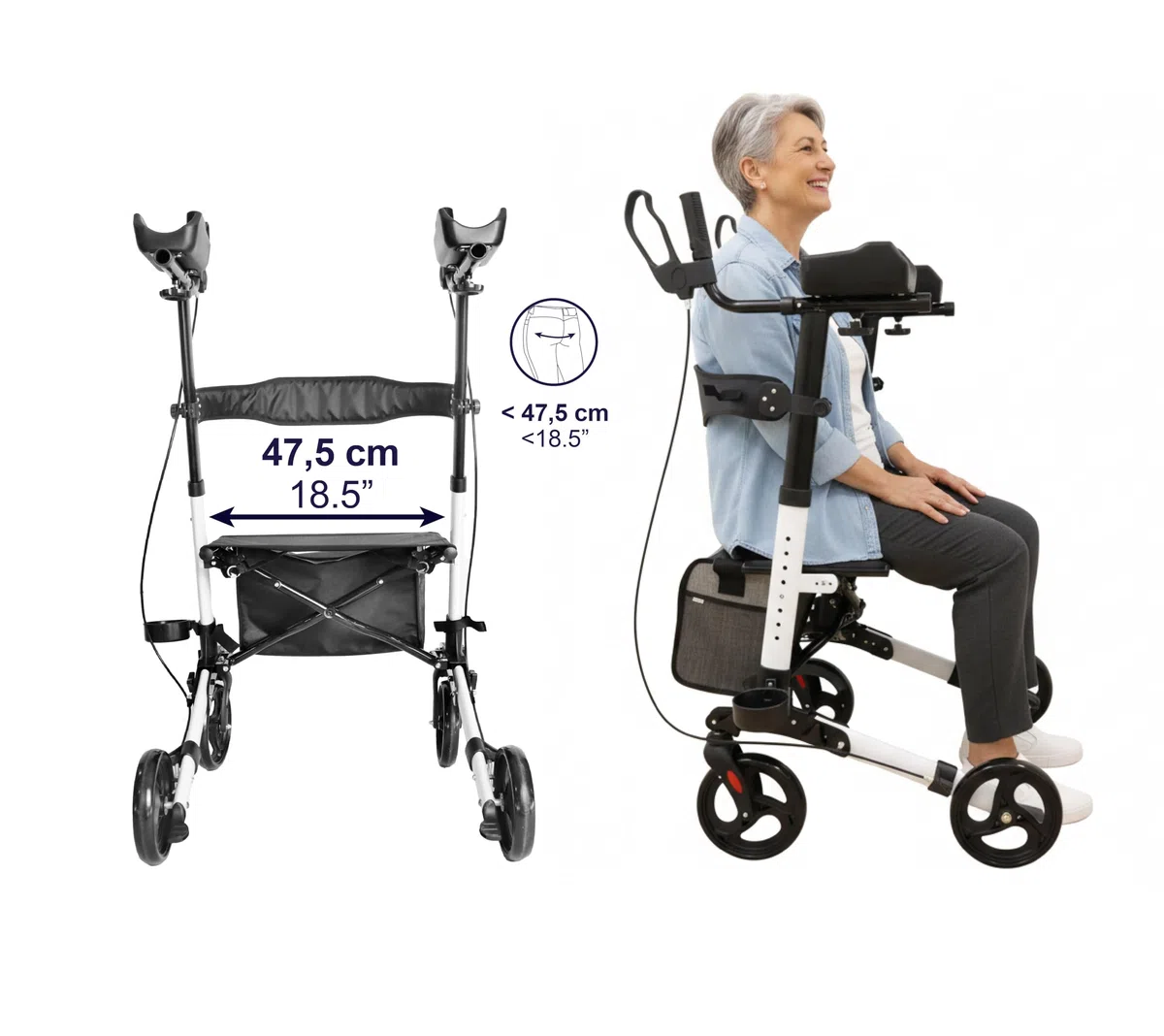 KMINA Arthritis Rollator mit Unterarmstützen, Outdoor Rollator Faltbar mit Sitz und Rückenlehne, Höhenverstellbare Gehhilfe für Senioren, Belastbar bis 136 kg, Korb