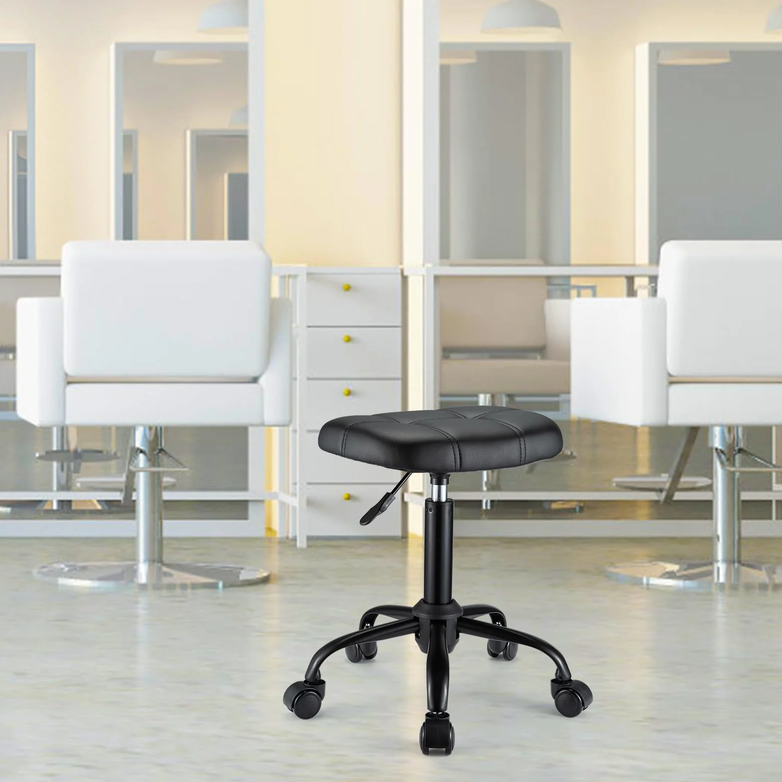 Quadratischer Rollhocker mit Rollen, höhenverstellbar, Drehhocker, Stuhl für Salon, Massage, Spa, Schwarz
