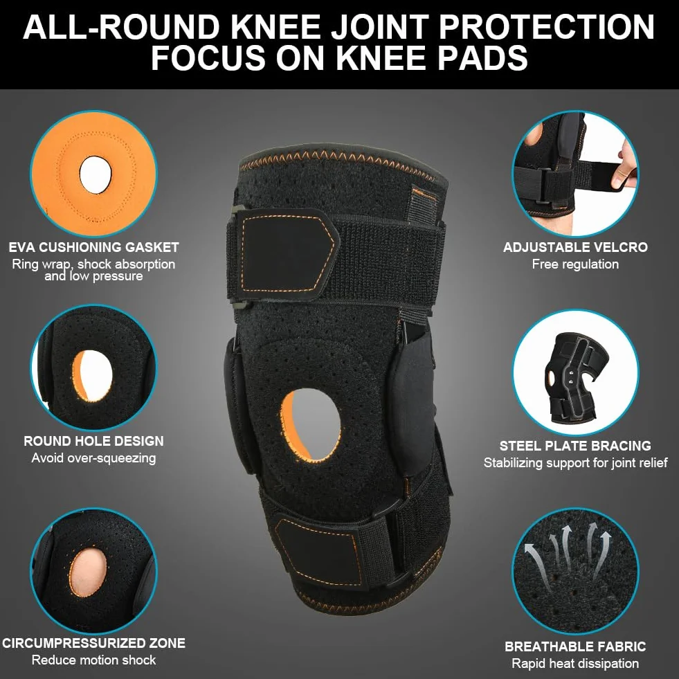 AOOWU Kniestütze, Athletics Kniebandage für Männer Frauen, Verstellbarer Kompressionsbandage mit Stahlplattenhalterung & Patella Gel Pads für Meniskusriss, Arthritis, ACL,Gelenkschmerzen, Laufen,Sport