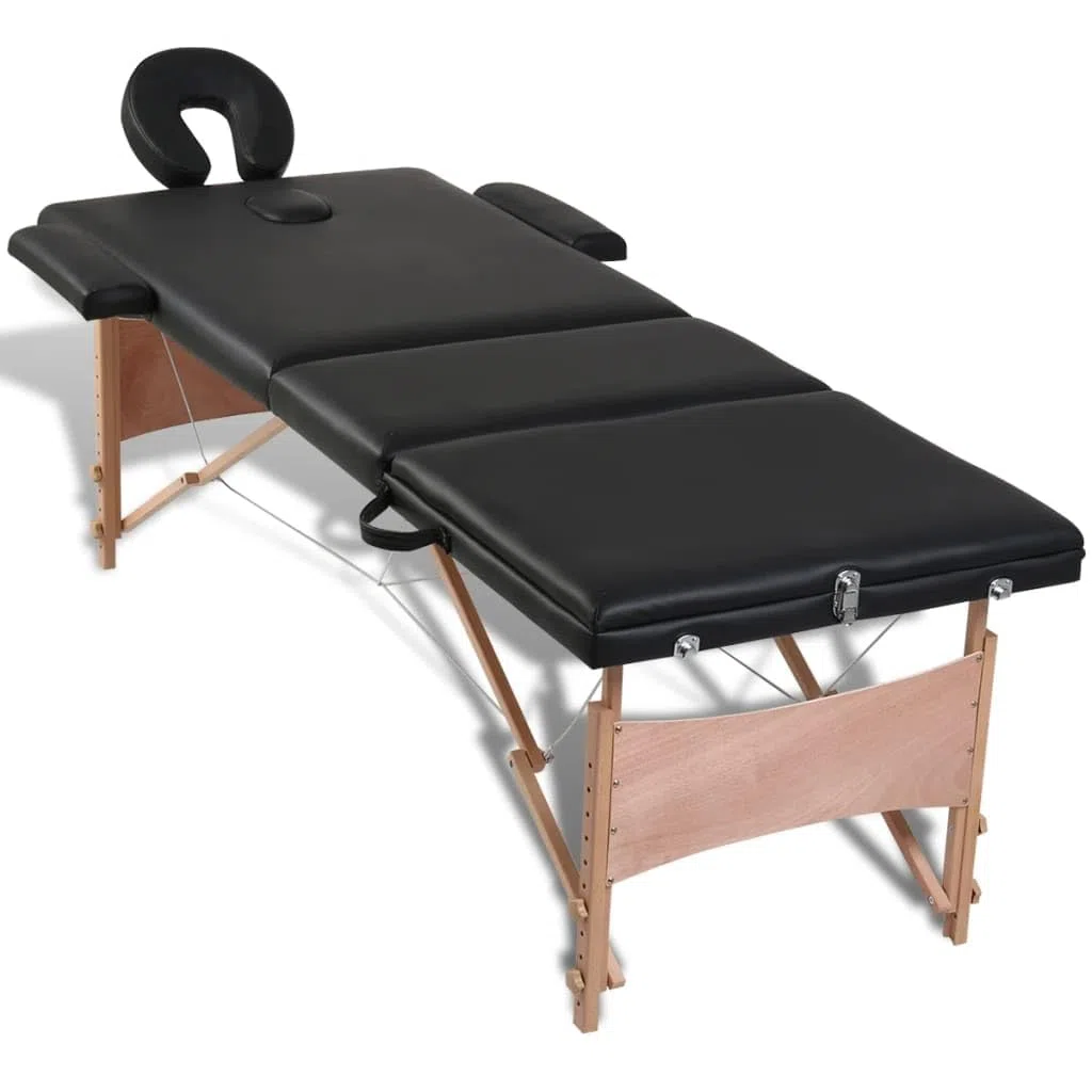 Massageliege klappbar 3-Zonen mit Holzgestell, Höhenverstellbare Mobile Kosmetikliege mit Tragetasche, Professionelle Massagebank für Wellness und Physiotherapie, 186x68cm Schwarz