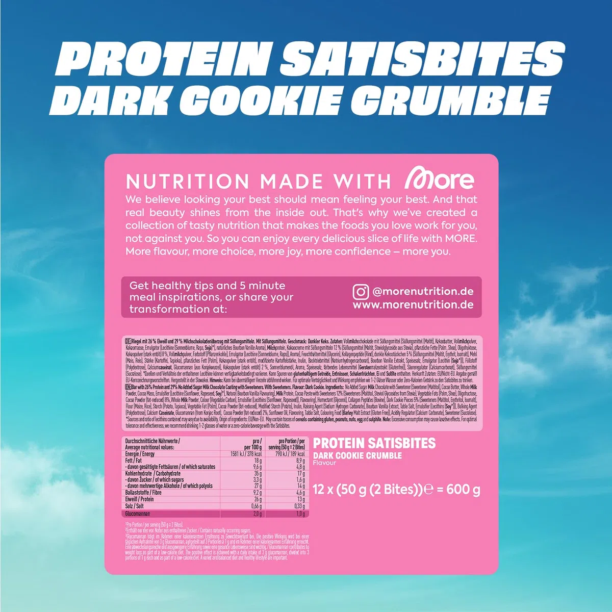 MORE Protein Satisbites, 12er Box Proteinriegel, Dark Cookie Crumble | 12 x 2 x 25 g, bis zu 16 g Protein pro Portion, ohne Zuckerzusatz, made in Germany (Design kann variieren)