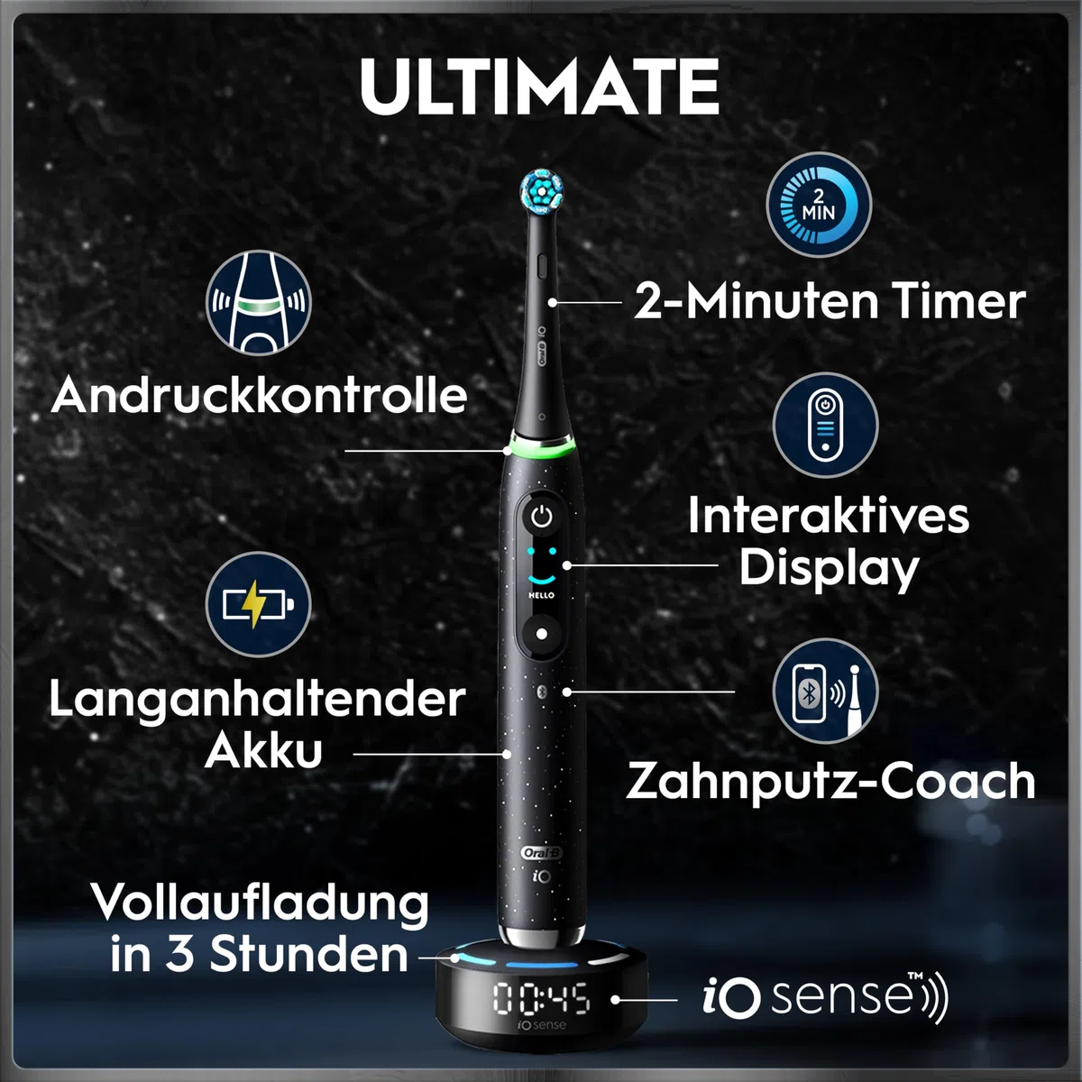 Oral-B iO Series 10 Elektrische Zahnbürste, Schwarz | Inkl. 3 Aufsteckbürsten, Lade-Reise-Etui, iOSense, Electric Toothbrush mit 7 Putzmodi für Zahnpflege