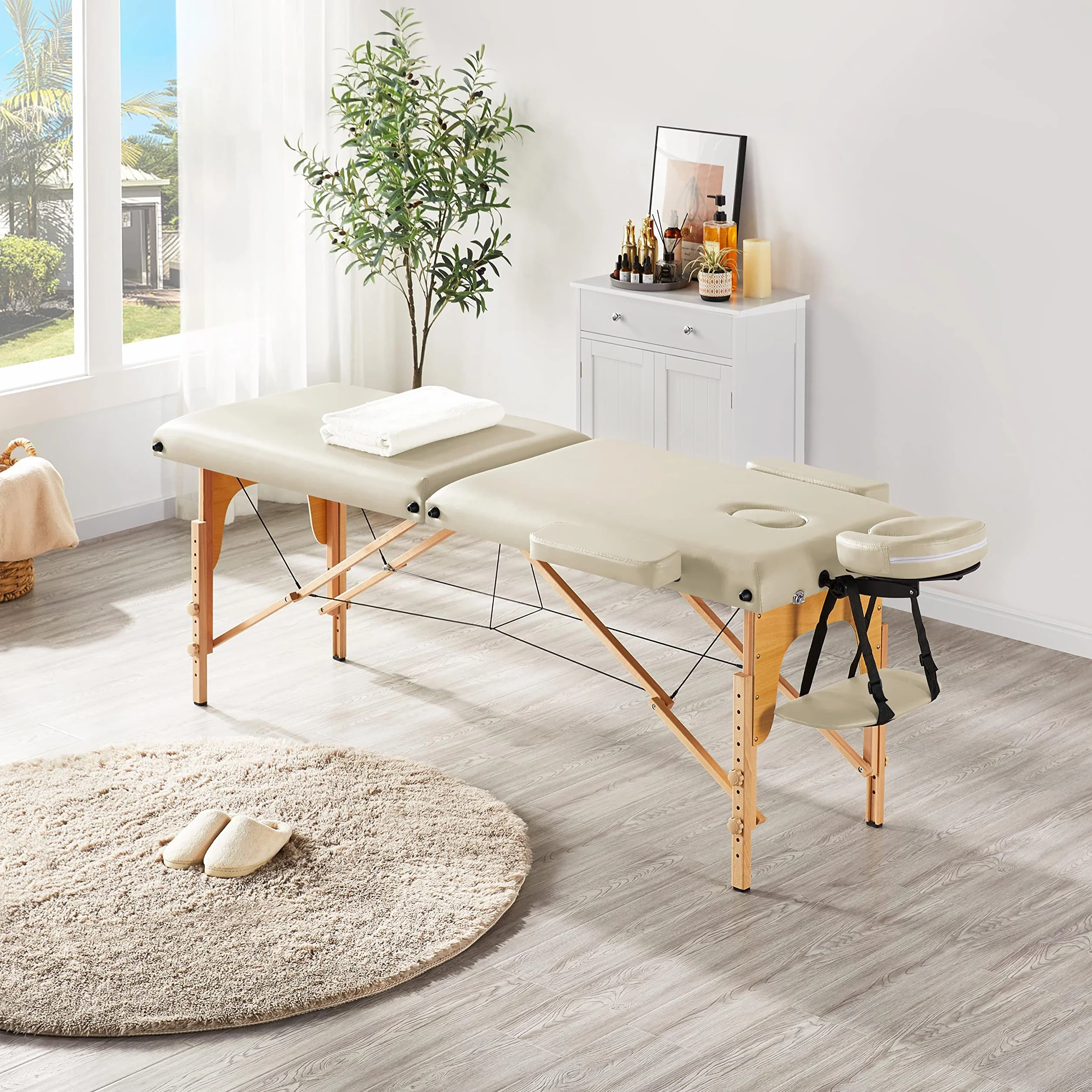 Yaheetech Massageliege Mobile Massagetisch 2 Zonen Tragebares Massagebett höhenverstellbar Holzfüßen inkl. Kopfstütze & Armlehnen 213 × 82 x 85,5 cm bis 250 kg Belastbar