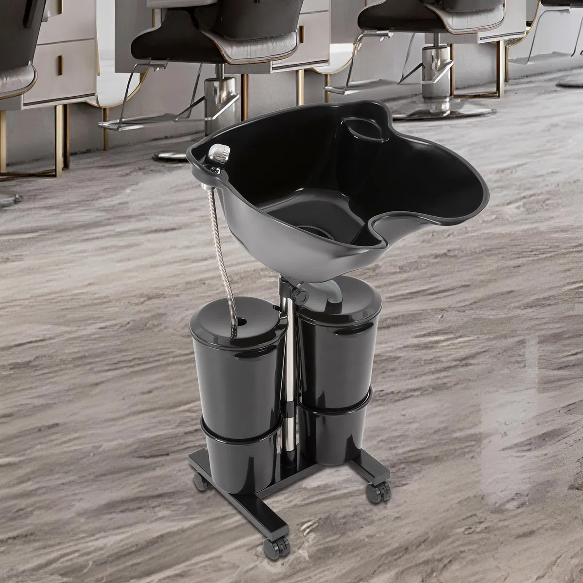 MINRS Haarwaschbecken für Bettlägerige Tragbares Shampoo Becken Double Bucket Design mit Räder und Abflussrohr Einstellbar Höhe und Winkel für Bettlägerige, Behinderte, Ältere, Salon (Schwarz)