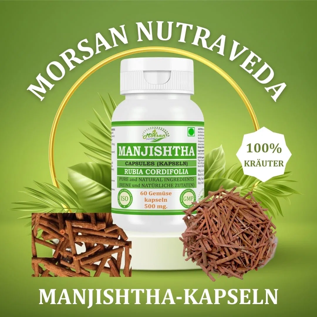 Manjishtha-Kapsel 500 mg. 60 Veganer. Einheiten | Manjith (Rubia Cordifolia) Extrakt-Kapseln für Männer und Frauen | Ayurvedische Kräuterergänzung/Heilmittel | 10:1 Stärke (1 Flasche mit 60 Kapseln)