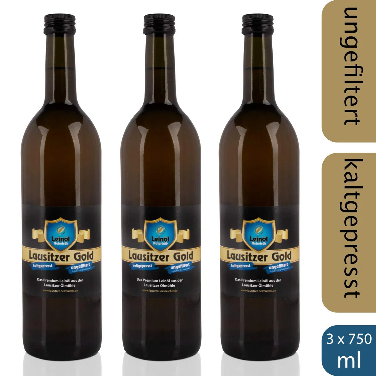 3 x Lausitzer Leinöl - Lausitzer Gold (kaltgepresstes ungefiltertes Premium Leinöl), 3x 750ml