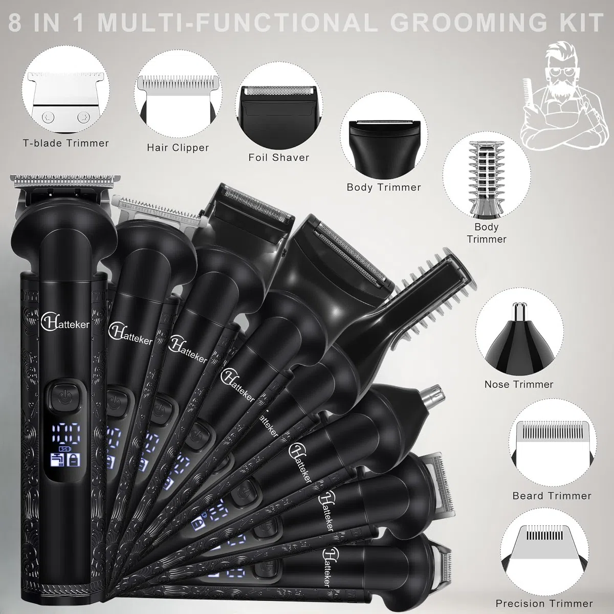 Hatteker Männerpflegeset 8-in-1, Zero-Gap-T-Klinge Trimmer, wasserdichter Trimmer, Haarschneider für Männer, Barttrimmer elektrisch, Kabelloses Männerpflegeset, Elektrischer Rasierer für Männer
