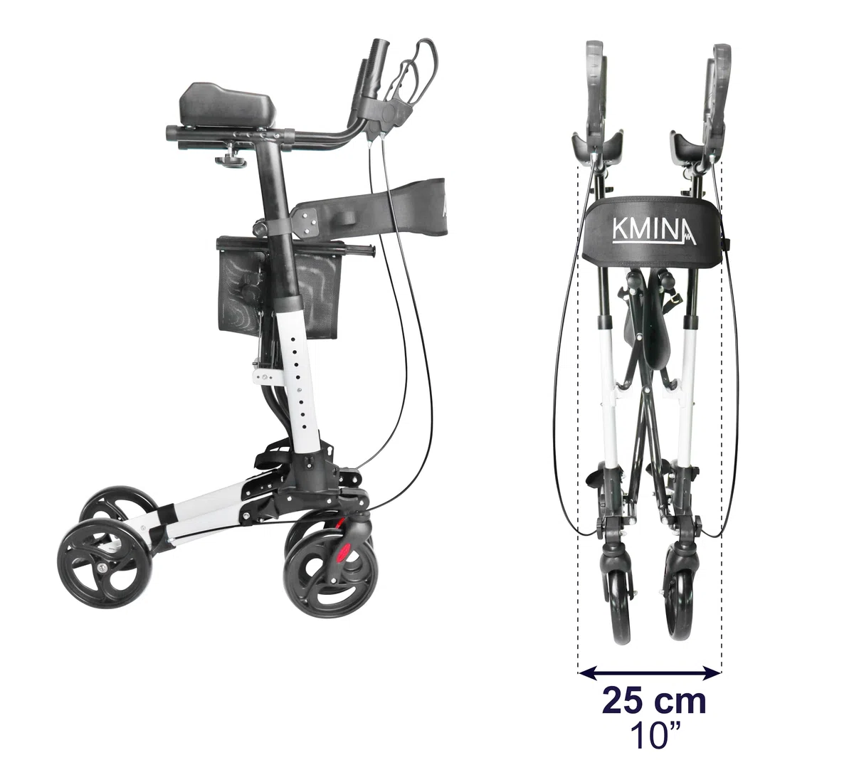 KMINA Arthritis Rollator mit Unterarmstützen, Outdoor Rollator Faltbar mit Sitz und Rückenlehne, Höhenverstellbare Gehhilfe für Senioren, Belastbar bis 136 kg, Korb