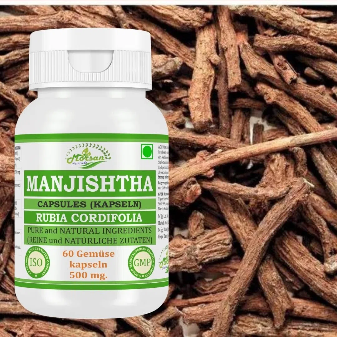 Manjishtha-Kapsel 500 mg. 60 Veganer. Einheiten | Manjith (Rubia Cordifolia) Extrakt-Kapseln für Männer und Frauen | Ayurvedische Kräuterergänzung/Heilmittel | 10:1 Stärke (1 Flasche mit 60 Kapseln)