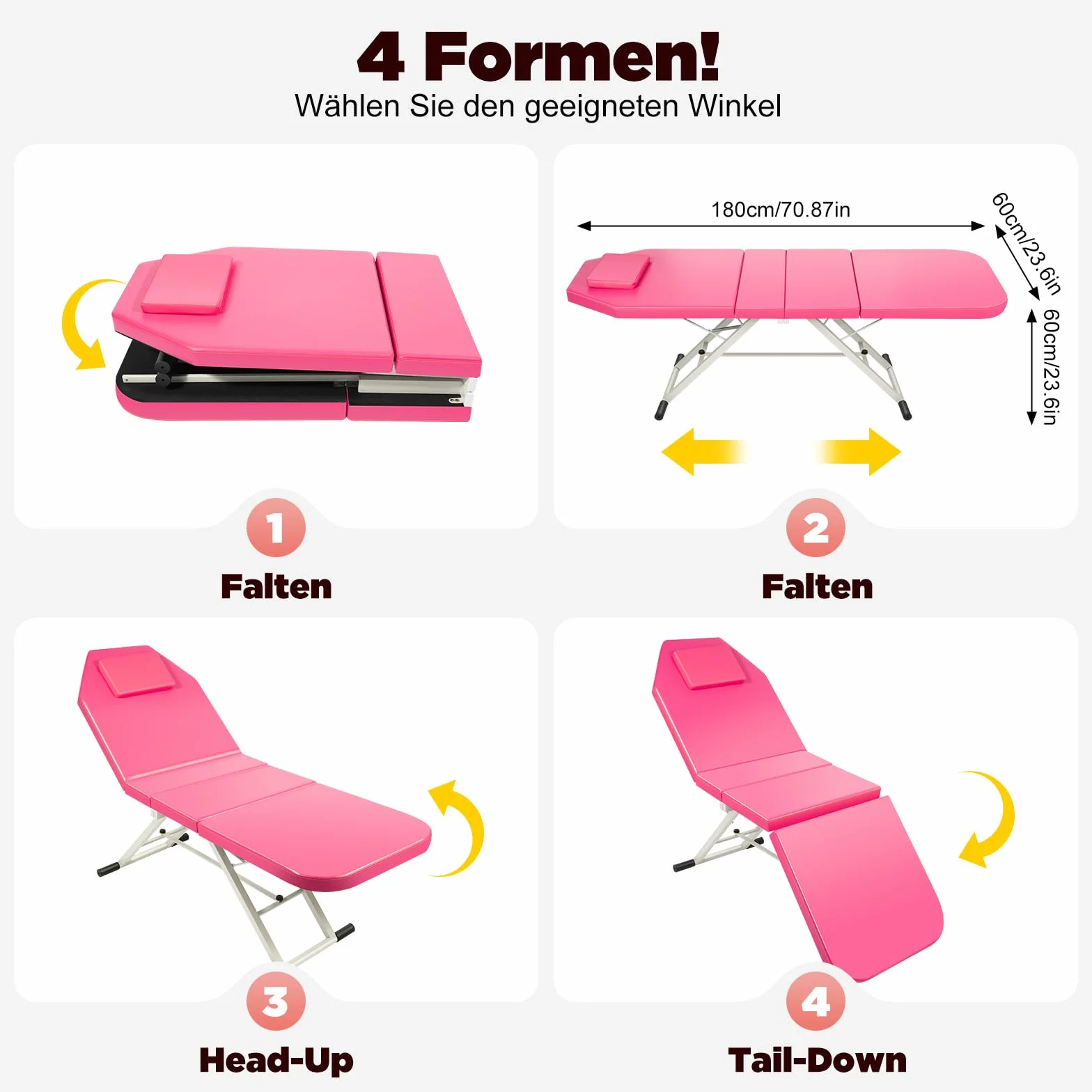 Kosmetikliege, 3 Zonen Wimpernliege, Mobile Klappbar Massageliege für Spa Salon Tattoo Schönheit, Tragfähigkeit 200-250 kg, Rosa