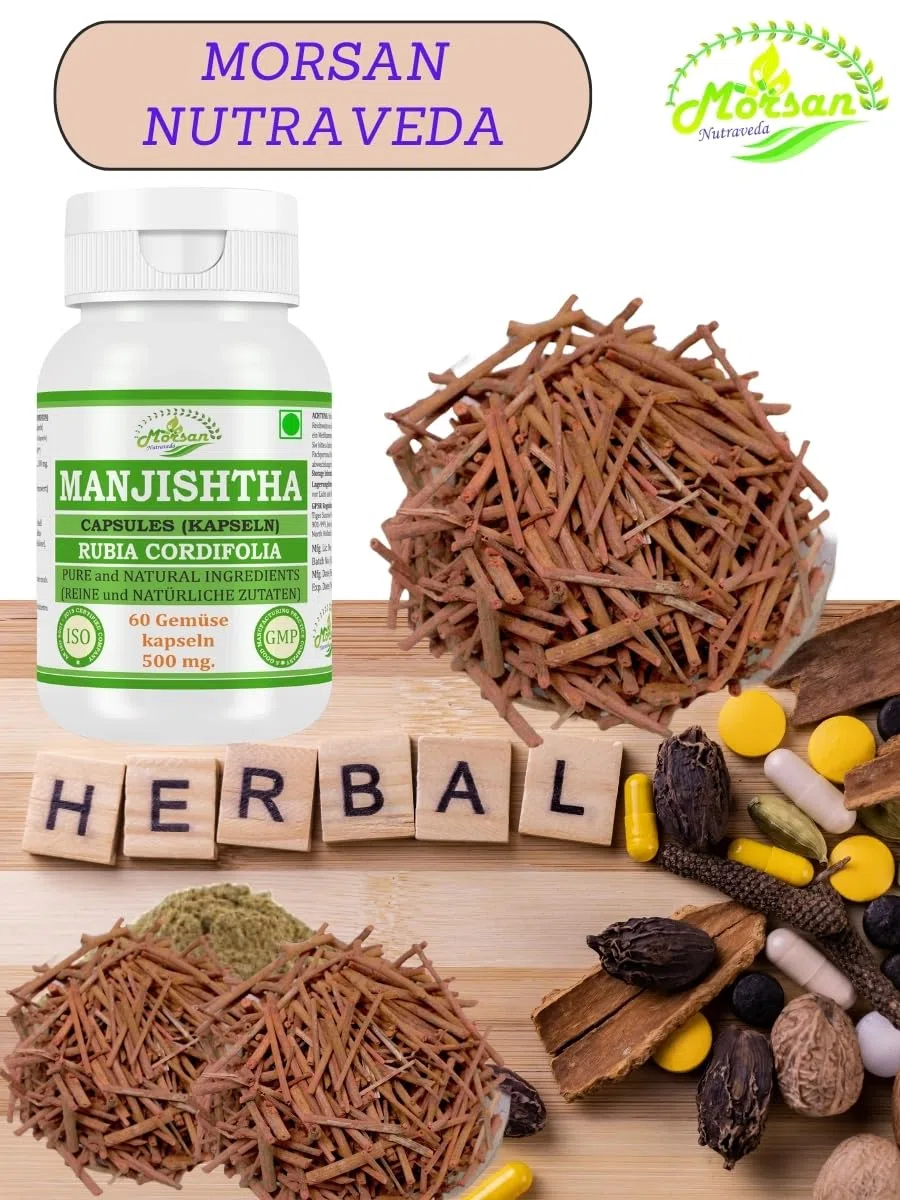 Manjishtha-Kapsel 500 mg. 60 Veganer. Einheiten | Manjith (Rubia Cordifolia) Extrakt-Kapseln für Männer und Frauen | Ayurvedische Kräuterergänzung/Heilmittel | 10:1 Stärke (1 Flasche mit 60 Kapseln)