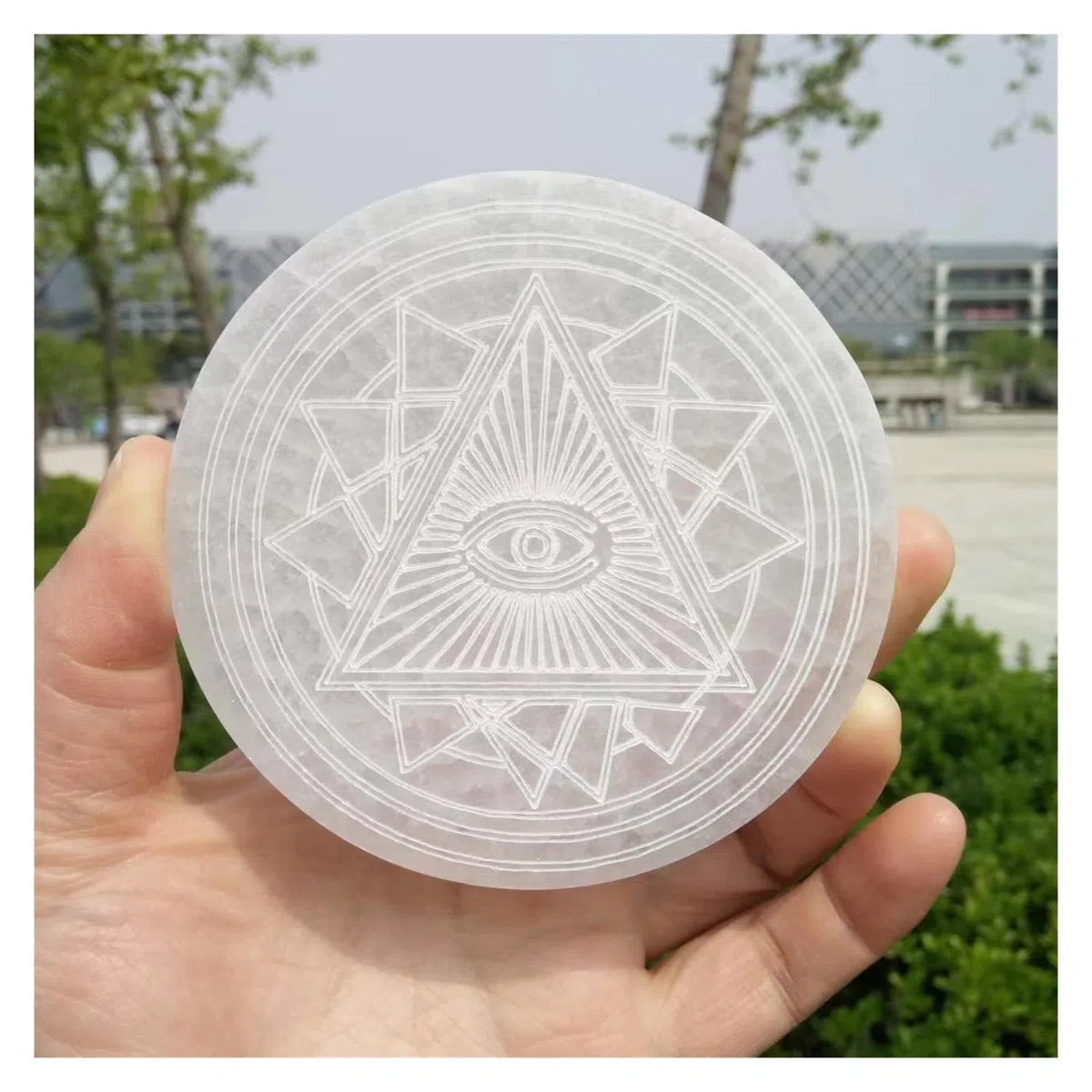 Natürliche transparente Kristalle, Selenit-Gipskarton-Untersetzer, Symbole, böse Augen, Hexendekor, Dr. Stone, Weissagung, Pendel-Ornamente Voller Textur