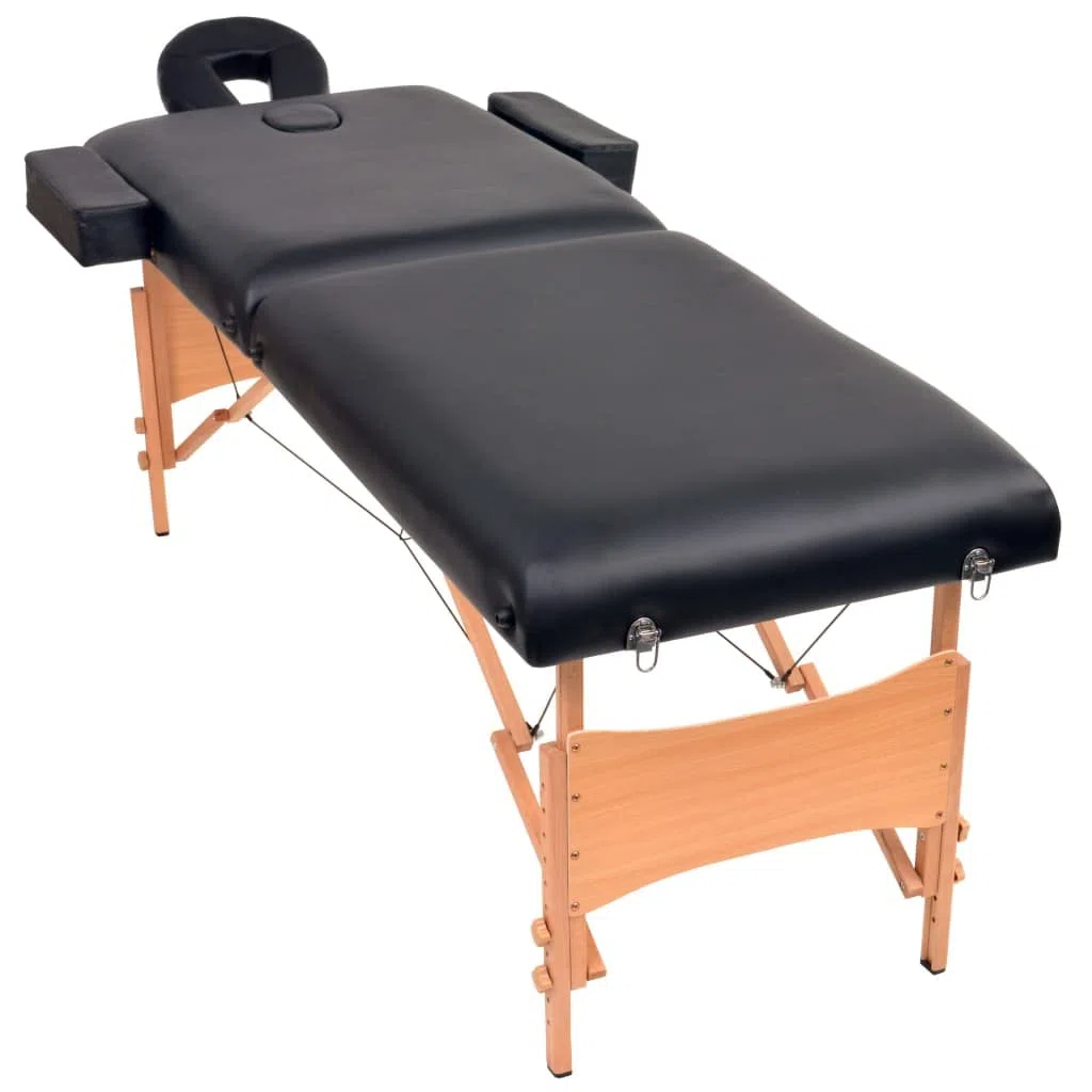 Massageliege 2-Zonen klappbar, 10 cm Polsterung, höhenverstellbare Mobile Massagebank mit Tragetasche, Kosmetikliege aus Massivholz, Schwarz