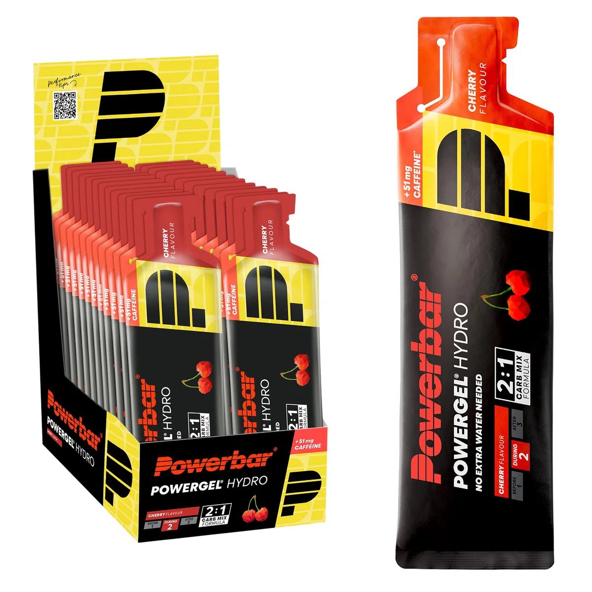 Powerbar - PowerGel Hydro - Cherry - 24x67ml - High Carb Energie Gel - Natrium - 51mg Koffein