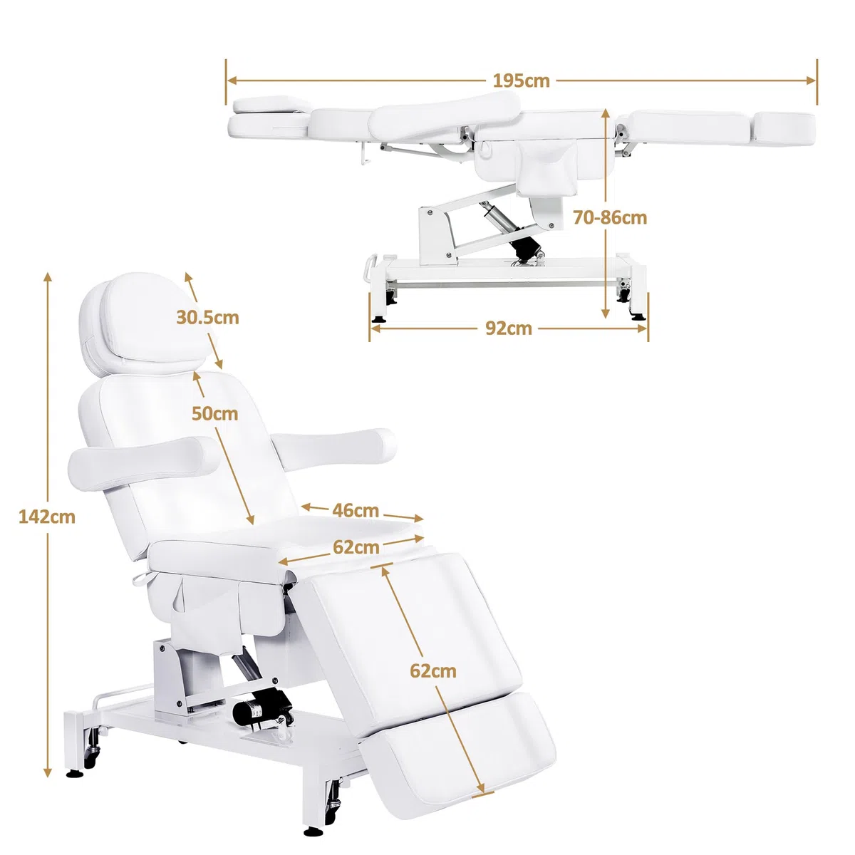 Barberpub Kosmetikliege Elektrisch mit 3 Motoren & Rollen, Massageliege Klappbar & 16CM Höhenverstellbar, 180°Drehbare Armlehnen, Tattoo Liege für SPA Salon 0754 (Weiß/Kunstleder)