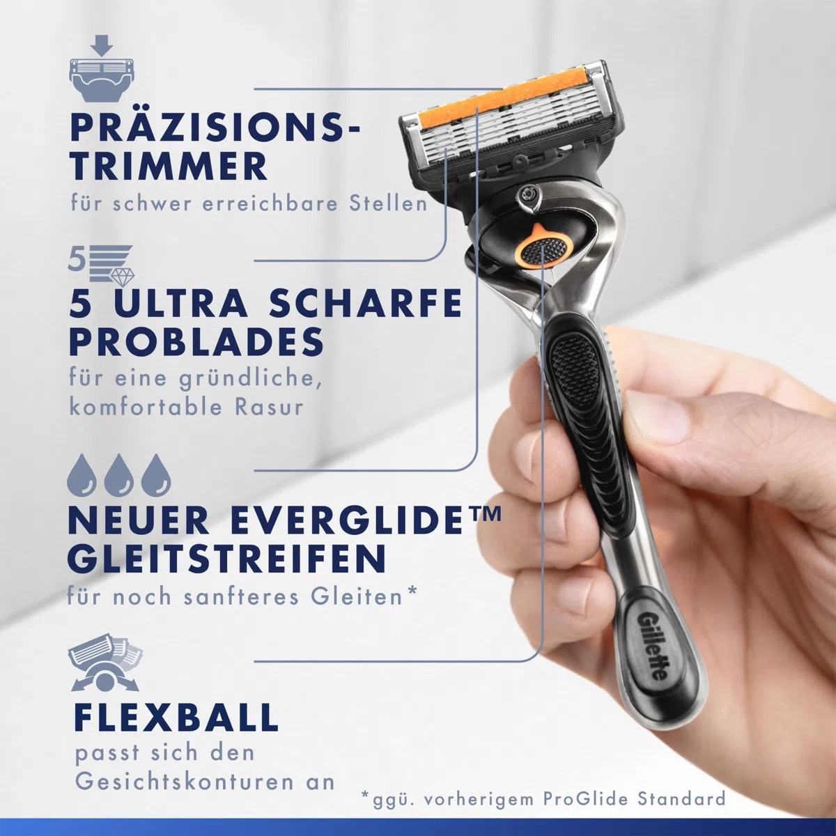 Gillette Proglide Rasierer Herren, Nassrasierer, Metall, Grau/Schwarz - Herrenrasierer, Inkl. 1 Handstück, 12 Rasierklingen mit Gleitstreifen Und 5 Klingen für Eine Gründliche, Langanhaltende Rasur
