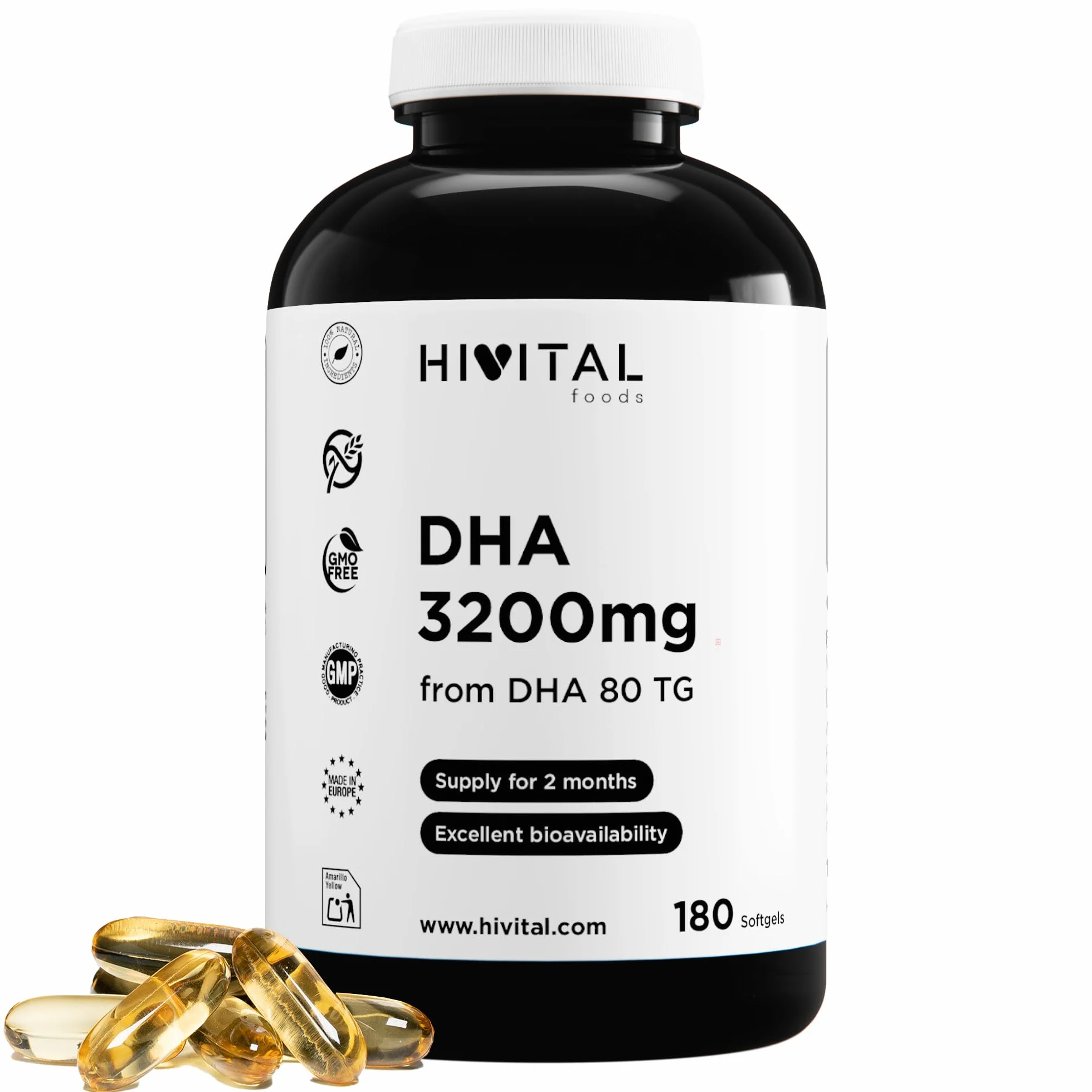 DHA 3200 mg. 180 Softgels für eine 2-monatige Behandlung. Mit Natürlichem Fischöl in Form von Triglyceriden. 100% Natürlich, Glutenfrei, frei von GMO. Hergestellt von HIVITAL