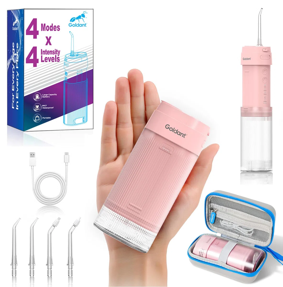 Water Flosser Tragbare Elektrische Kabellose Zahndusche mit 16 Drücken & Reiseetui, Kompaktes Mini-Design für Unterwegs, IPX7 Wasserdichte Flosser für Zahnreinigung und Zahnseide (Rosa)