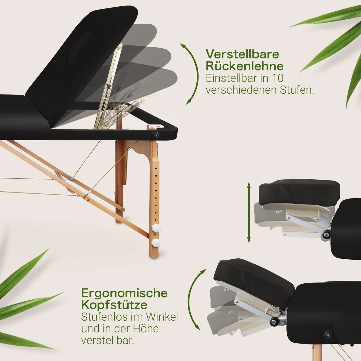 MASSUNDA – Mobile 3 Zonen Massageliege klappbar & höhenverstellbar – Stabiler Massagetisch aus Vollholz – All-Inkl. Massagebank mit ergonomischer Kopfstütze, Bezug, Armlehne, Kissen (Schwarz)