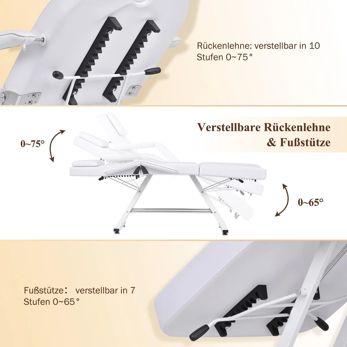 Kosmetikliege 3 Einstellbare Abschnitte Schönheitsbett, Ergonomische Massageliege mit Verstellbare Rückenlehne & Fußstütze, Robuste Tattooliege bis 150 kg Ideal für Kosmet, Spa & Therapien (Weiß)