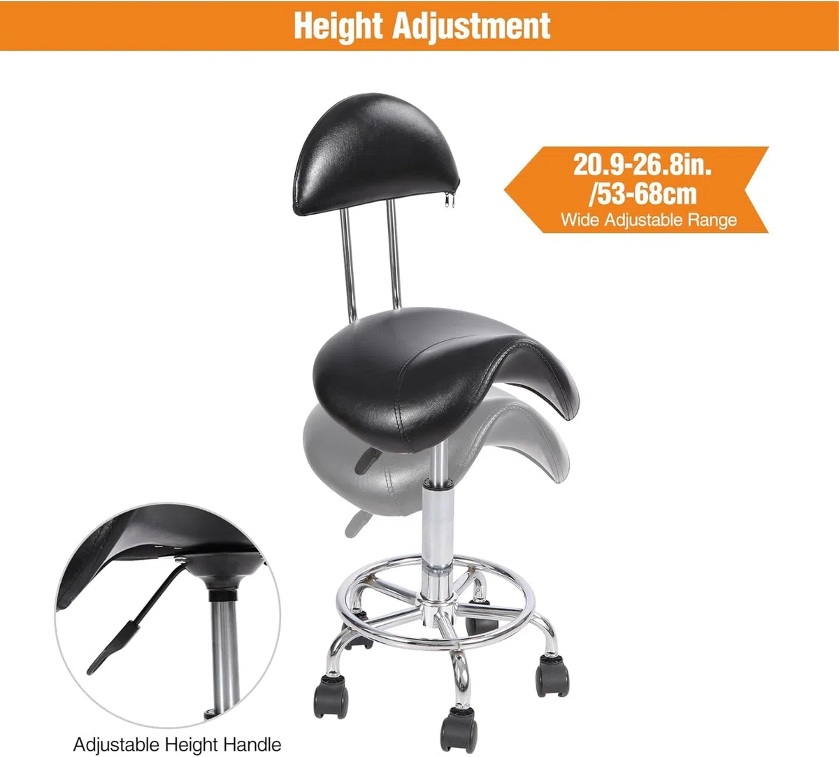REDCAMP Rollsattelhocker mit Rückenstütze, ergonomischer Drehstuhl, hydraulisch, verstellbarer Hocker für Zahnarzt, Spa, Massagesalon, Friseure, Schwarz
