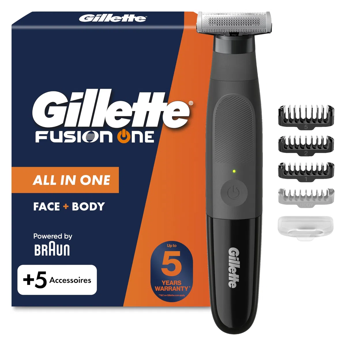 Gillette Fusion One Hybrid Rasierer Herren Elektrisch, Schwarz - Barttrimmer Und Körperrasierer, Bodygroom, 45-Min Akku, Powered von Braun, Wasserdichter Trimmer, Inkl. 3 Kammaufsätze Und 1 Körperkamm