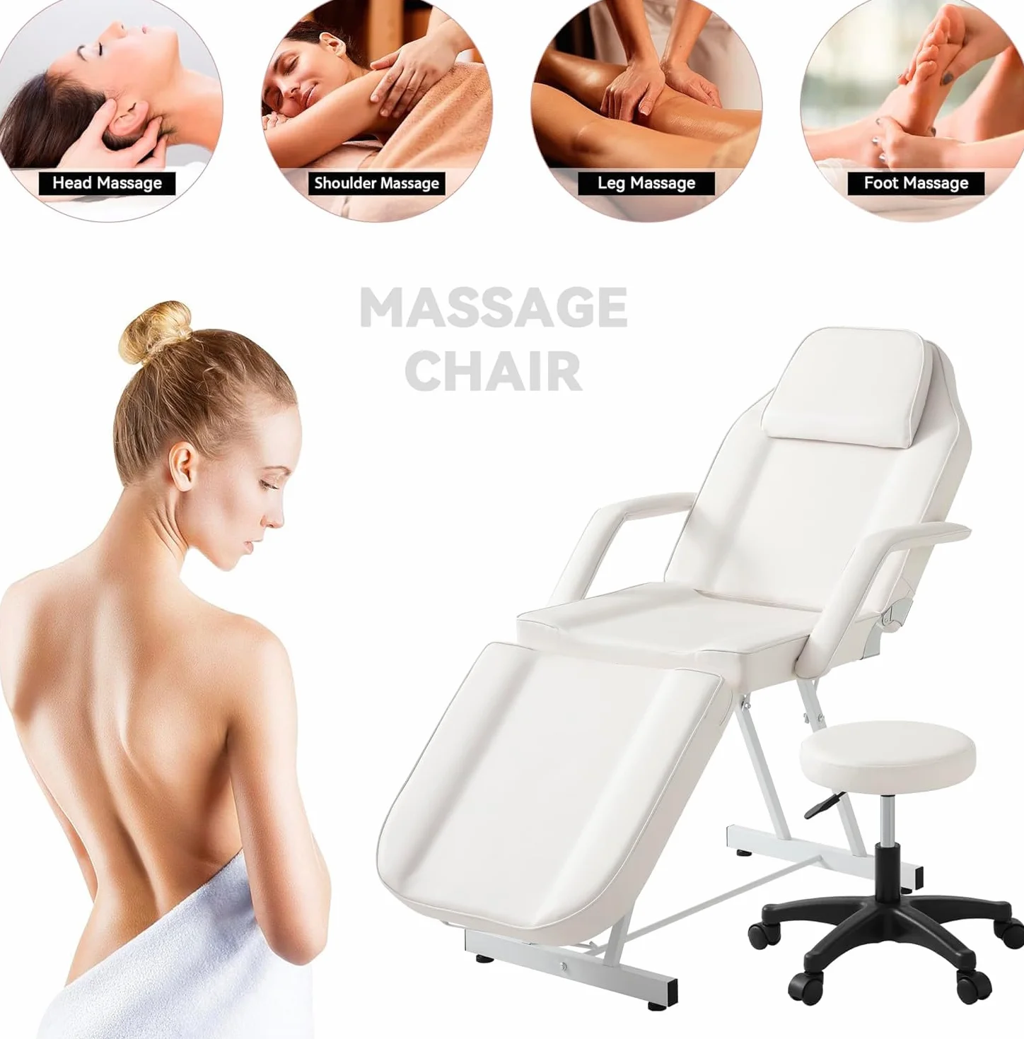 Massageliege mit Rollhocker Kosmetikliege Klappbar Professionelle Weiß | 3 Zonen Höhenverstellbar Massagetisch Massagebett für Beauty SPA Eye Lash's, Tattoos und Pediküre
