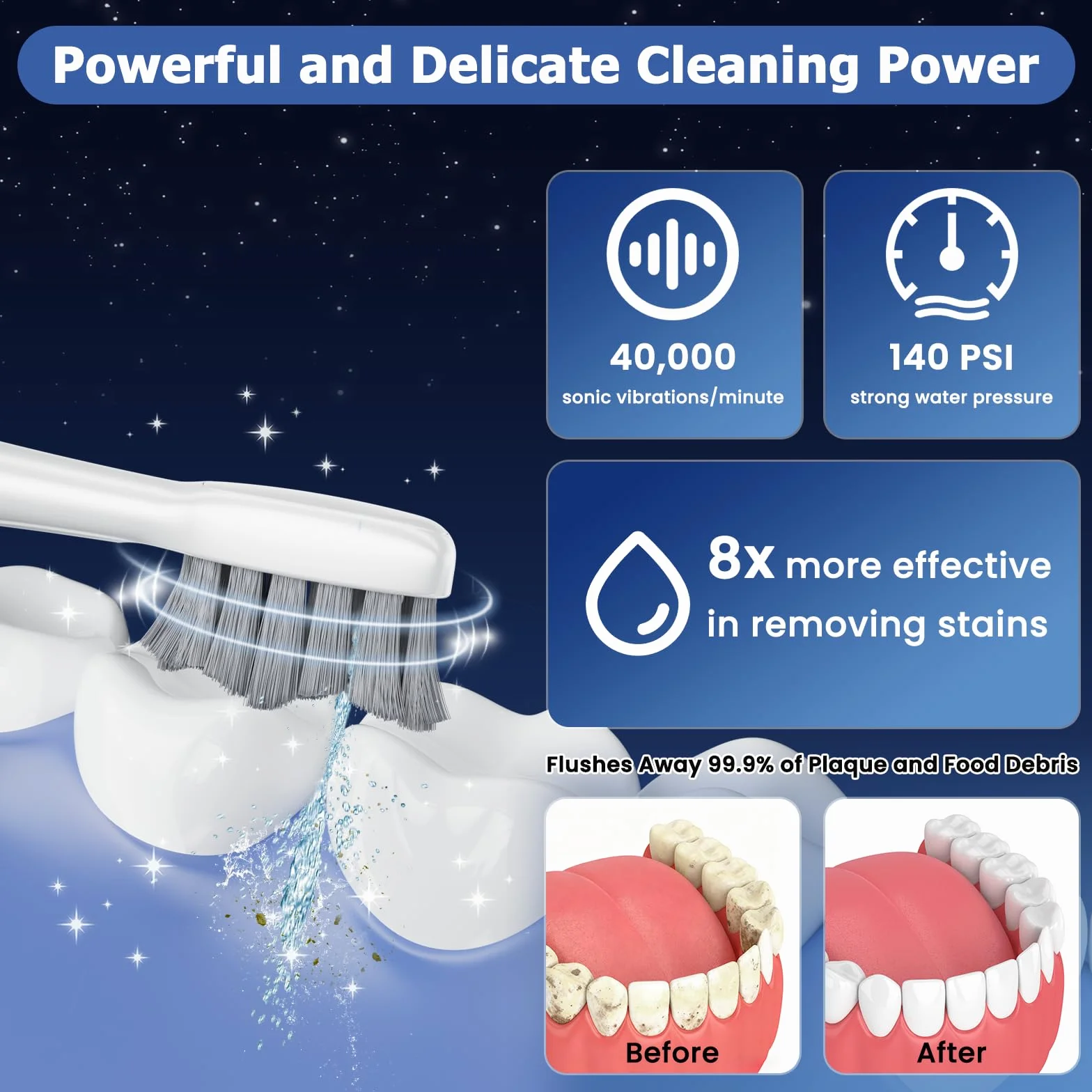 Elektrische Zahnbürste mit Wasser Flosser Combo, 3-in-1 Sonic Flossing Zahnbürste und Dental Water Flosser für Zähne Erwachsenenreinigung mit 4 Köpfen, Empfindlich, Zahnfleischpflege, Zahnspangen, 500 | 4 Köpfe, empfindliche Zahnfleischpflege, Zahnspangen