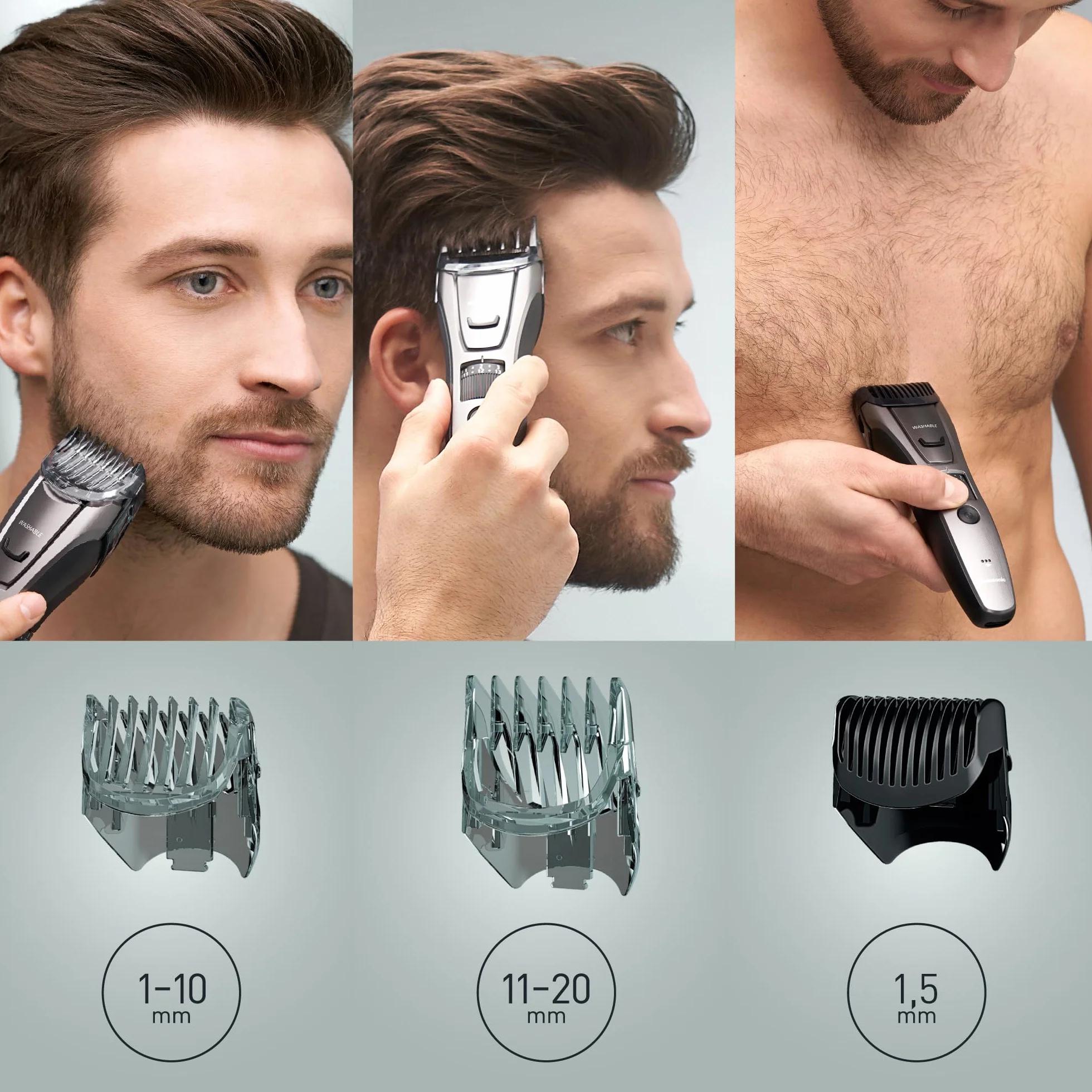 Panasonic ER-GB80-H503 Bart-, Haar- & Körperschneider für Männer, tragbarer kabelloser, wasserdichter Trimmer, 39 Längen, 3 Aufsätze, Präzisions-Trimmer, kabellos & kabelgebunden, Dunkelsilber