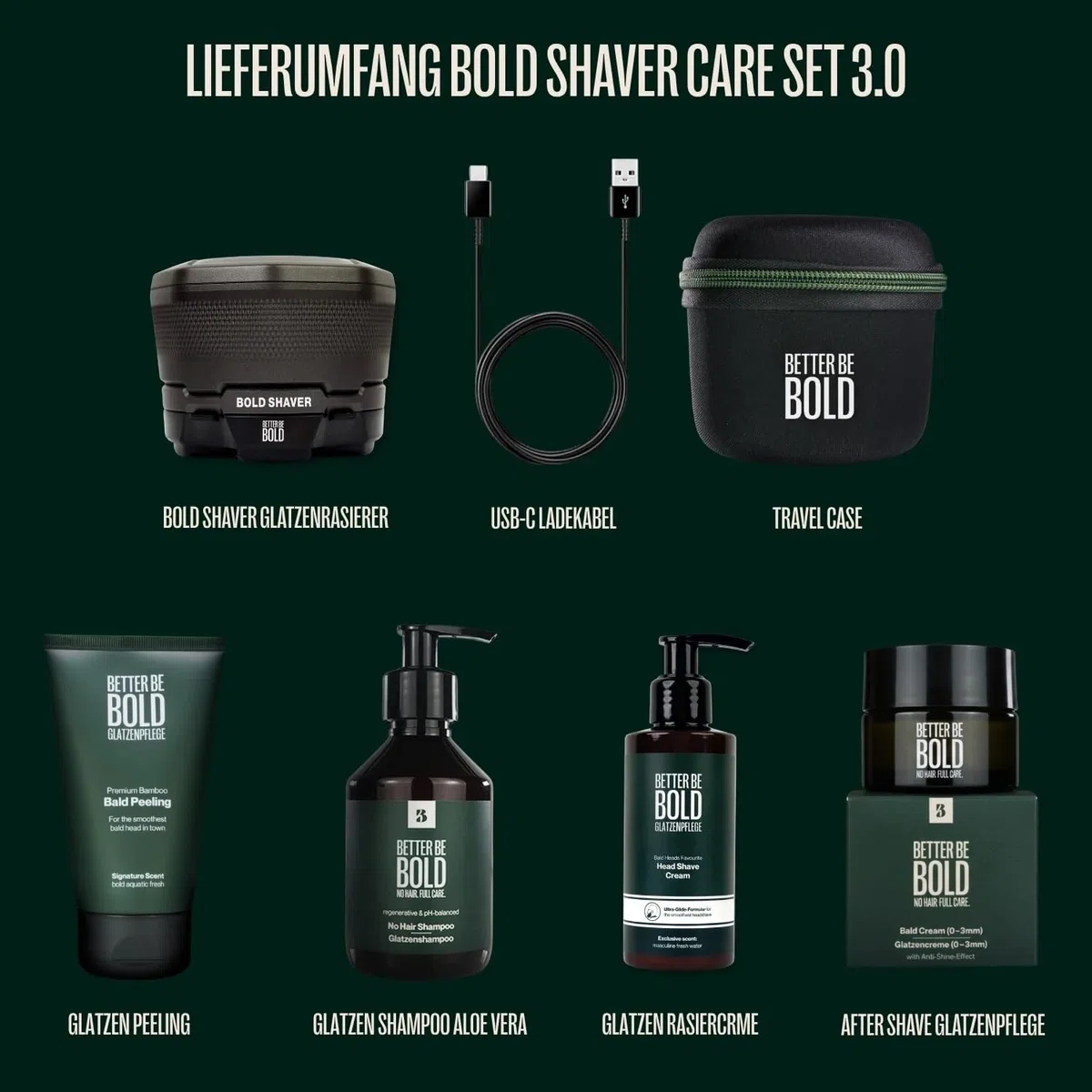 BETTER BE BOLD I "Bold Shaver Set 3.0 - Glatzenrasierer + After Shave Glatzenpflege 2.0 I Set gegen Glanz, Pigmentflecken & Trockenheit – Mit Glatzencreme, Glatzenpeeling, Shampoo & Aftershave