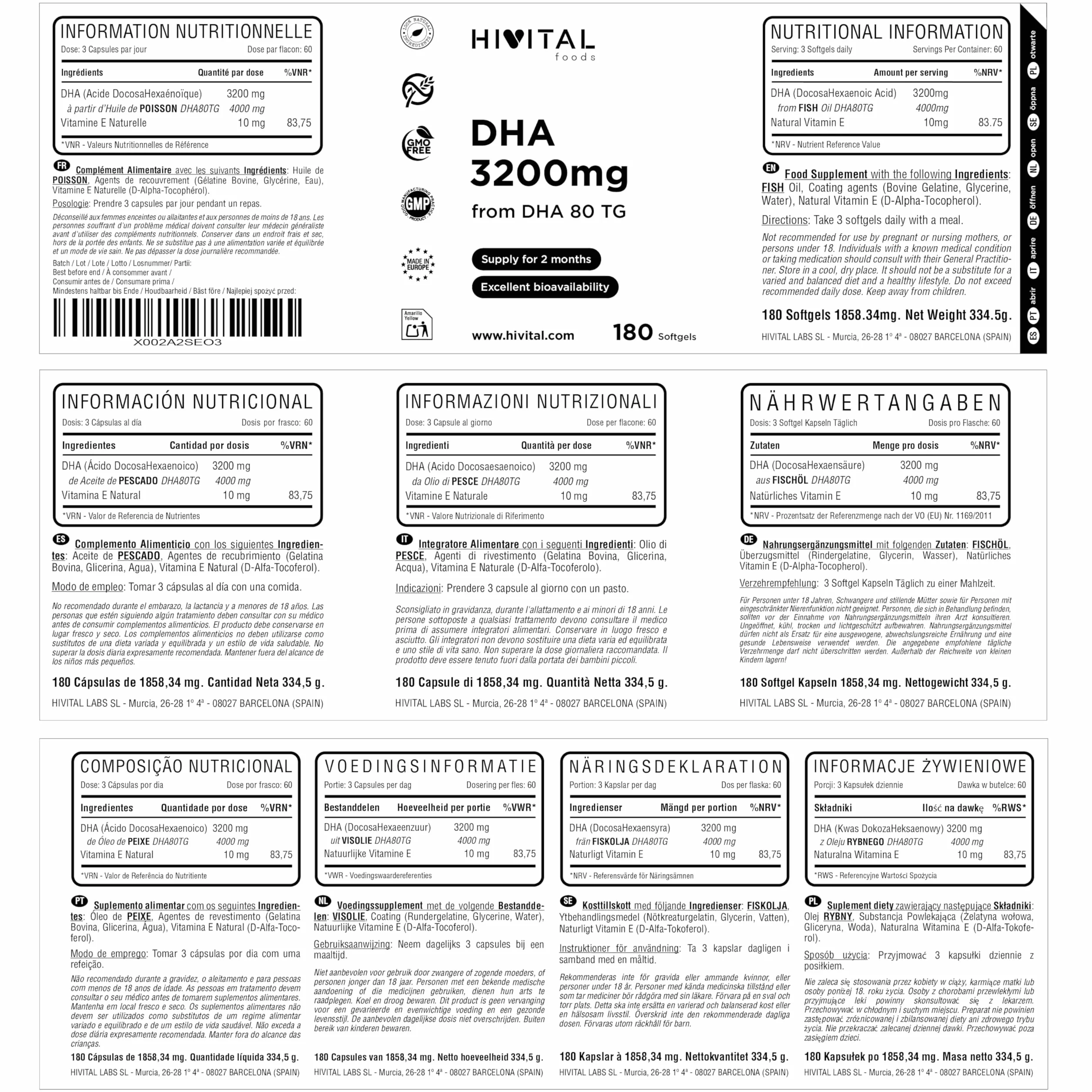 DHA 3200 mg. 180 Softgels für eine 2-monatige Behandlung. Mit Natürlichem Fischöl in Form von Triglyceriden. 100% Natürlich, Glutenfrei, frei von GMO. Hergestellt von HIVITAL