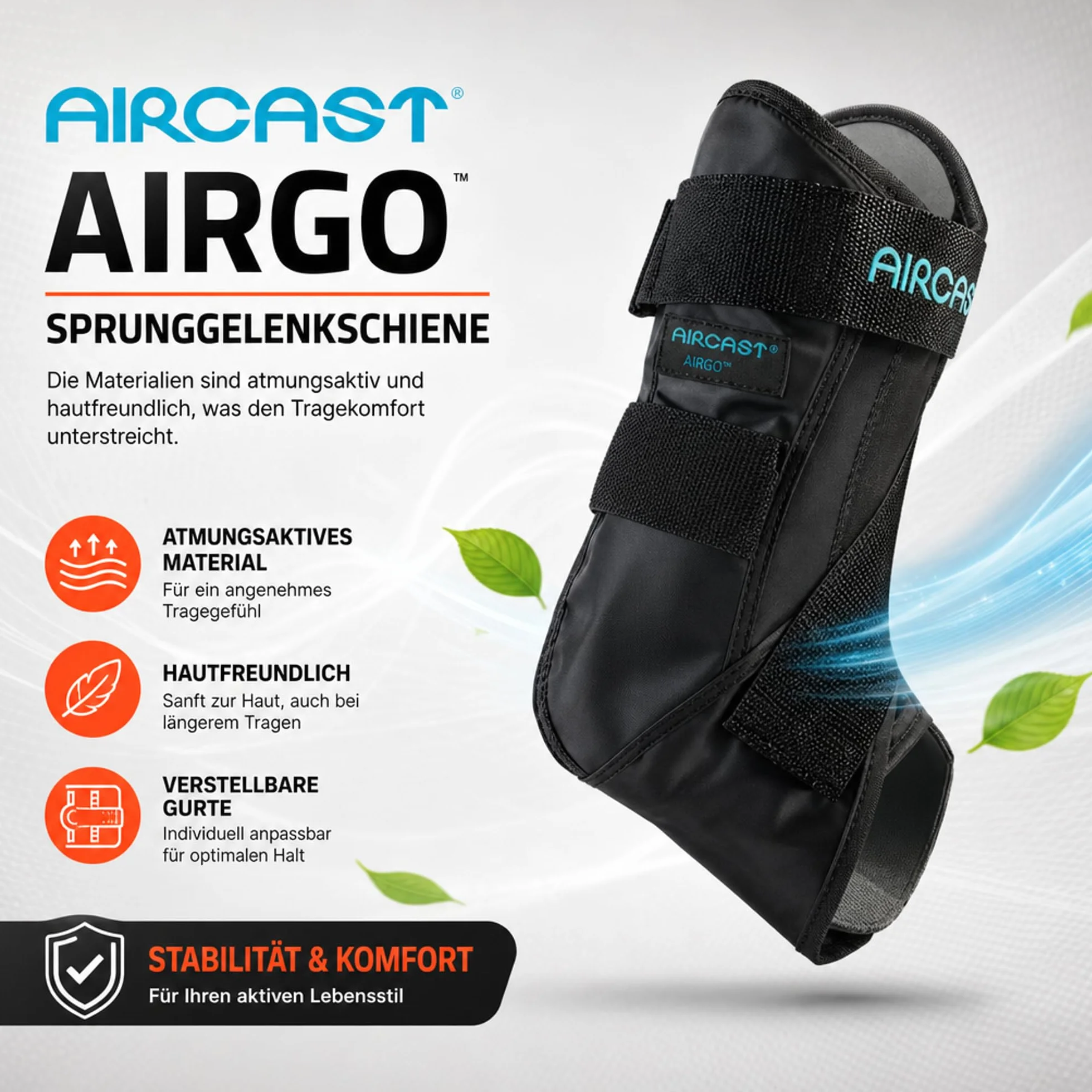 Aircast AirGo Sprunggelenkschiene in verschiedenen Größen für Links oder Rechts - 1 Stück - Höchster Komfort und optimale Stabilität für schnelle Genesung und aktive Bewegung (L, Rechts)